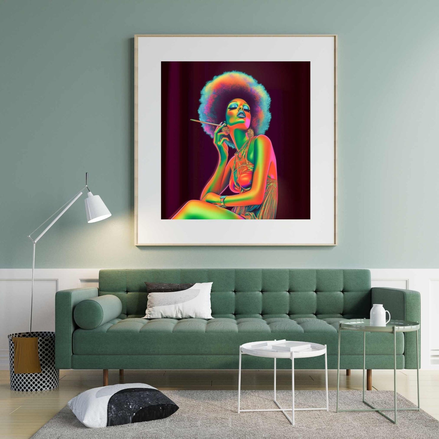 Retro Afro Art Wooden Framed Poster - Vibrant Neon Design