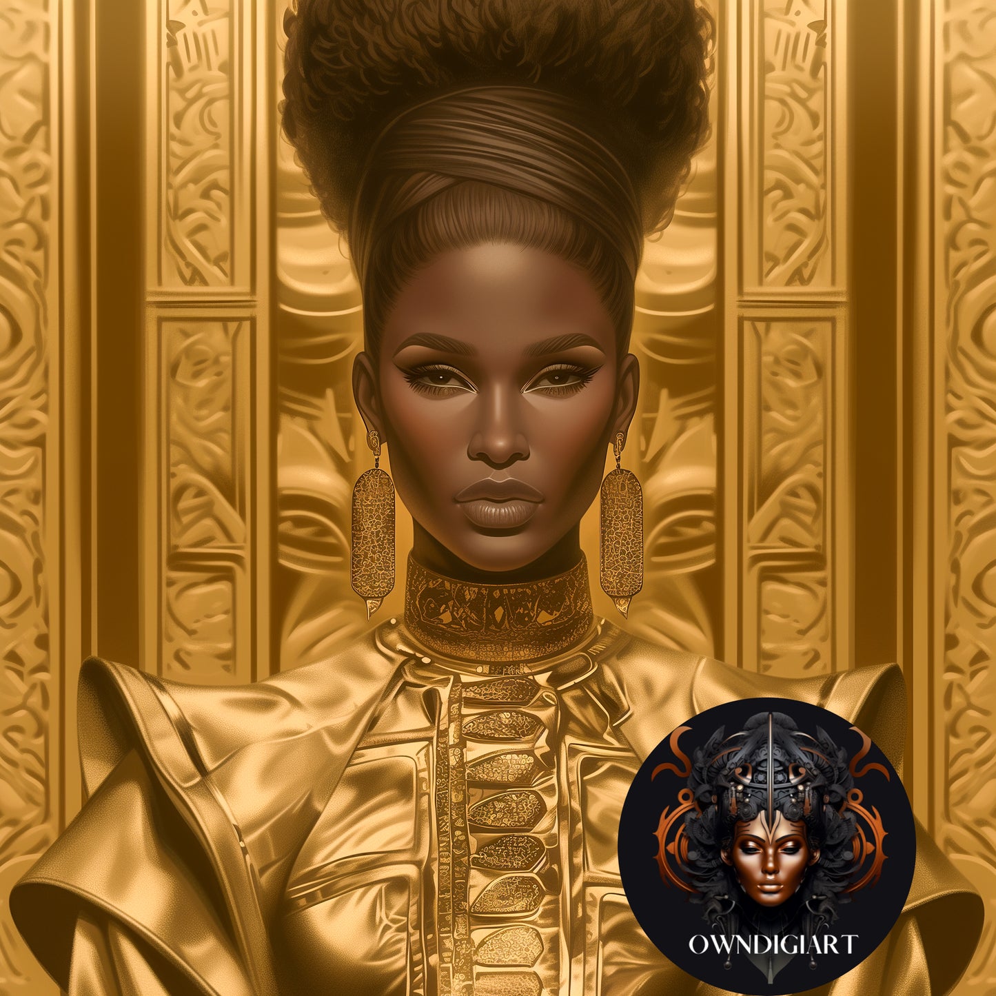 Elegant Digital Portrait Download - Black Woman with Gold Accents - Owndigiart