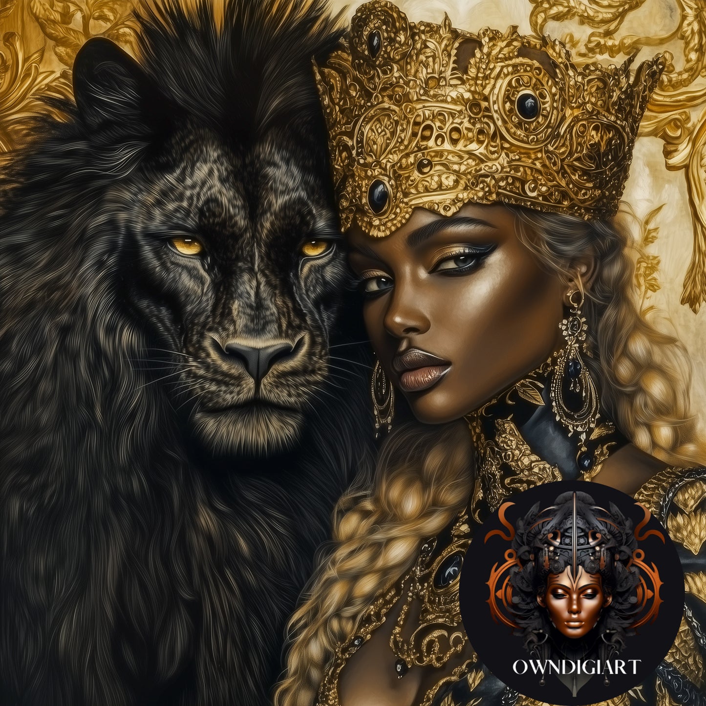 Majestic Black Goddess & Lion Fantasy Art Download