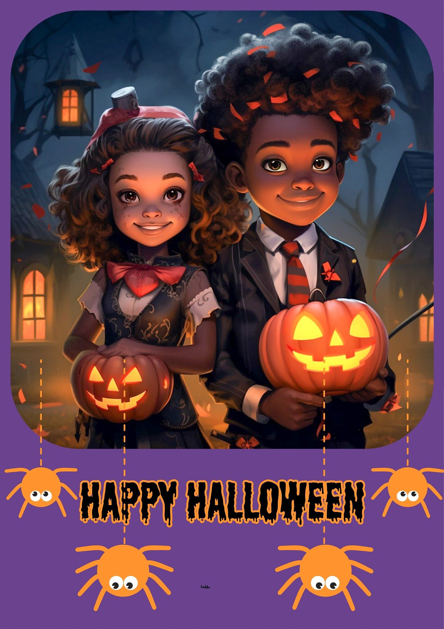 Digital Download Afro Black Art Happy Halloween  - Unique and Celebratory Greeting - PDF File - 5x7 Printable -Foldable Cards