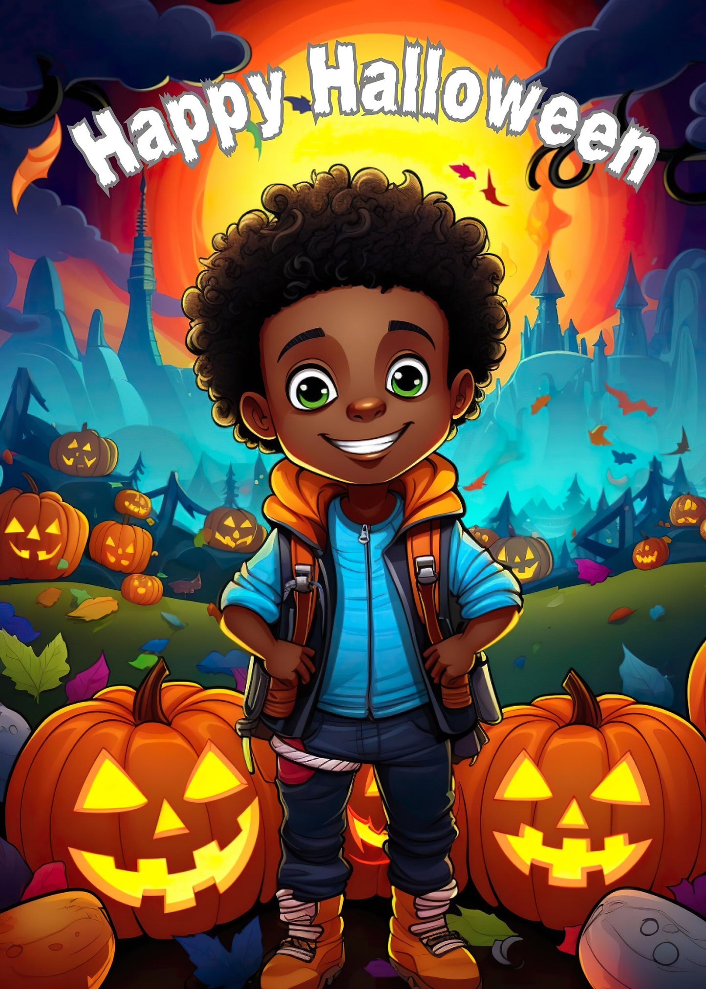 Digital Download Afro Black Art Happy Halloween - Unique and Celebratory Greeting - PDF File - 5x7 Printable -Foldable Cards