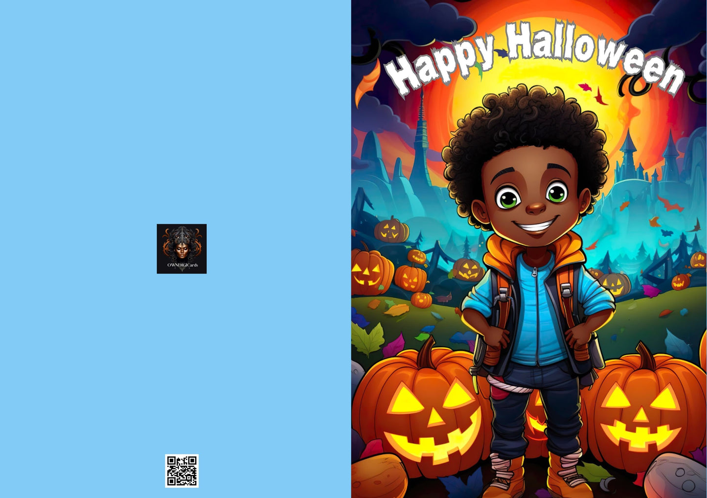 Digital Download Afro Black Art Happy Halloween - Unique and Celebratory Greeting - PDF File - 5x7 Printable -Foldable Cards