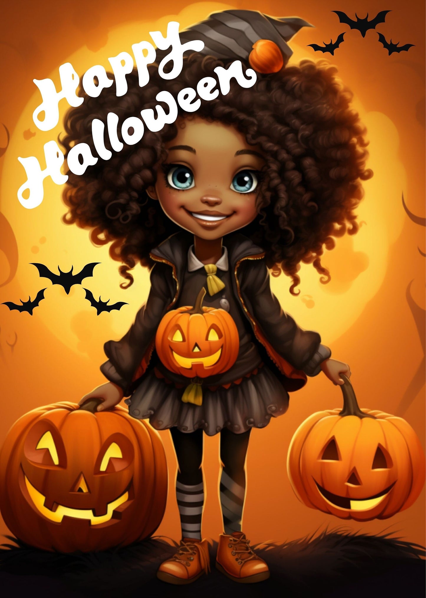 Digital Download Afro Black Art Happy Halloween - Unique and Celebratory Greeting - PDF File - 5x7 Printable -Foldable Cards