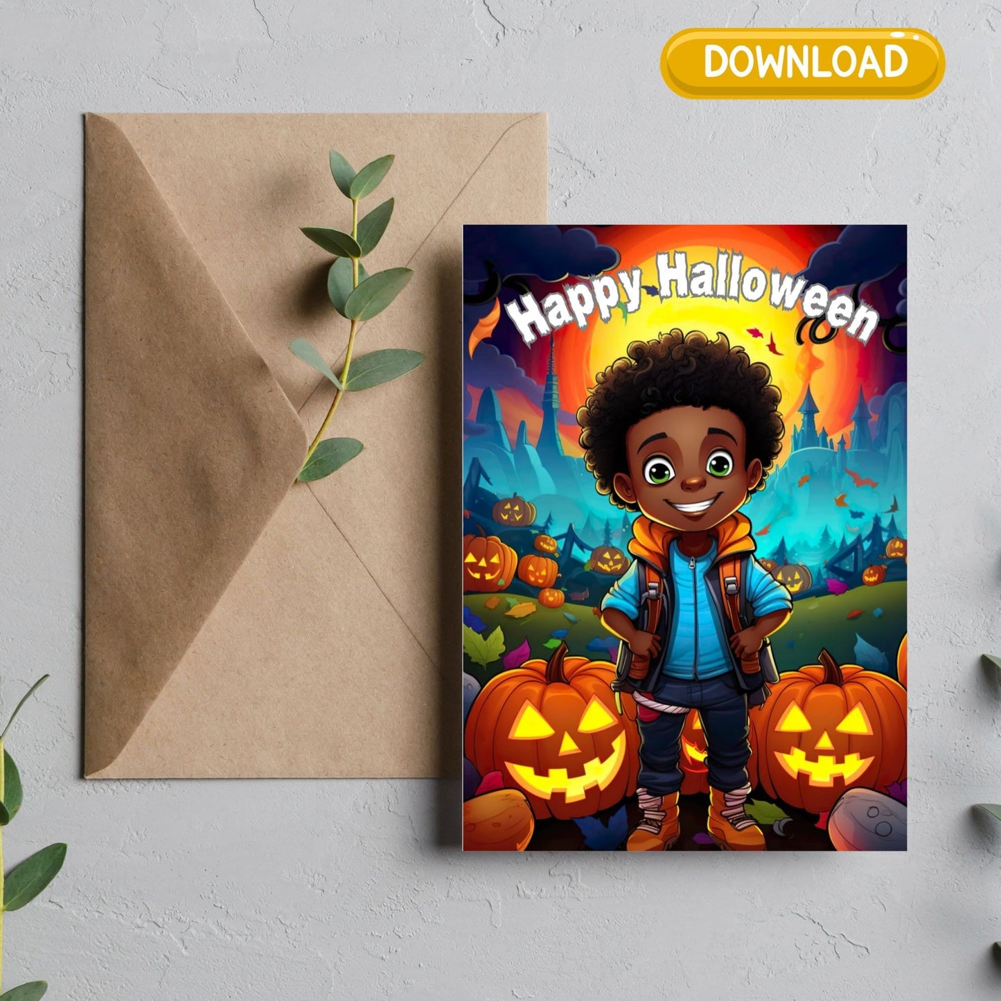 Digital Download Afro Black Art Happy Halloween - Unique and Celebratory Greeting - PDF File - 5x7 Printable -Foldable Cards