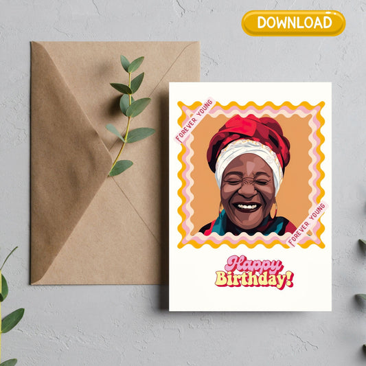 Digital Download Afro Black Art Birthday Card  Forever Young- Unique and Celebratory Greeting  - 5x7 Printable - Greeting Cards