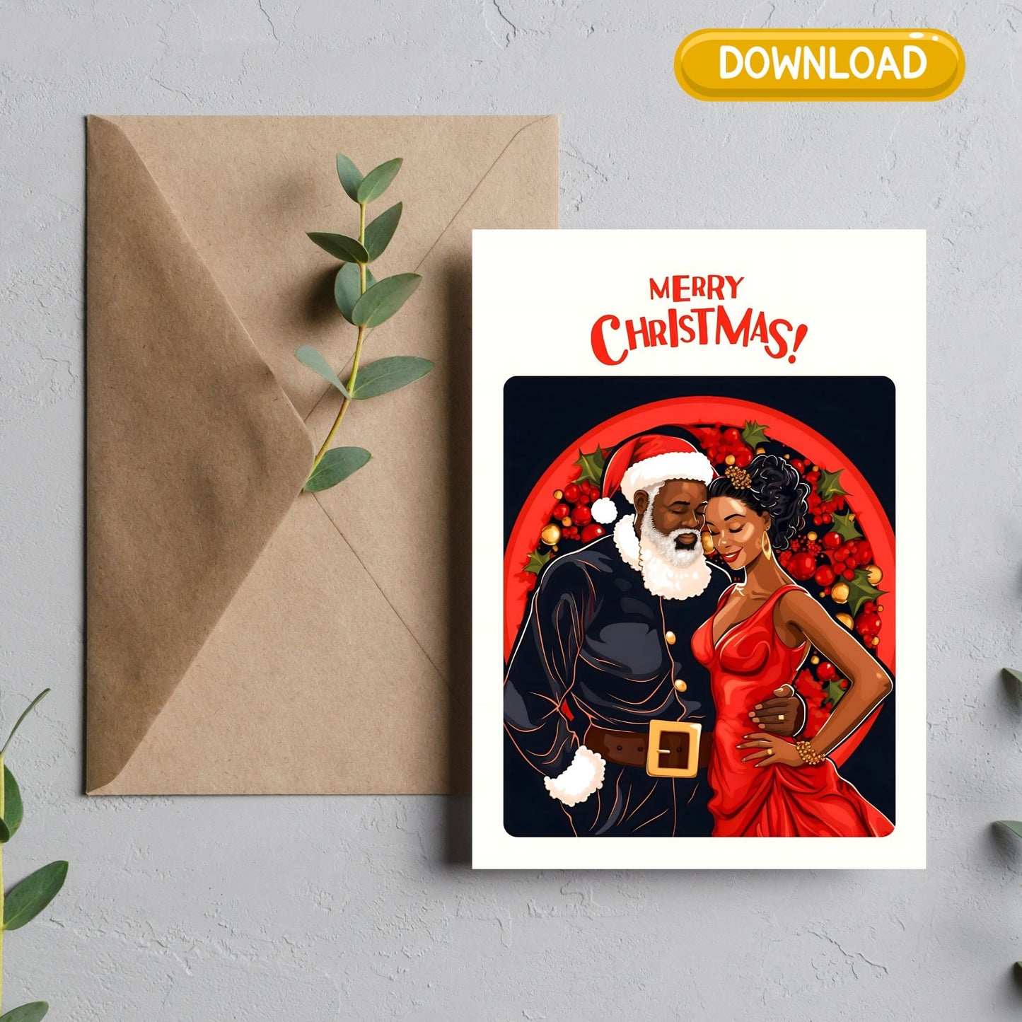 Digital Download: Santa And Wife Christmas Foldable Card - greeting cards - Instant download - Afro cards - Black art