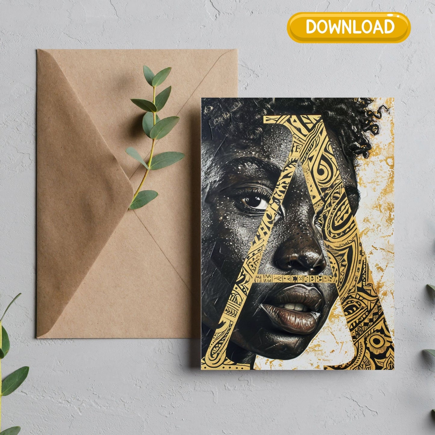 Unique Afrocentric. Female Digital Download Initials Greeting Card Letter"A" – Personalized Ethnic Design for Memorable Moments