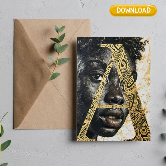 Unique Afrocentric. Female Digital Download Initials Greeting Card Letter"A" – Personalized Ethnic Design for Memorable Moments