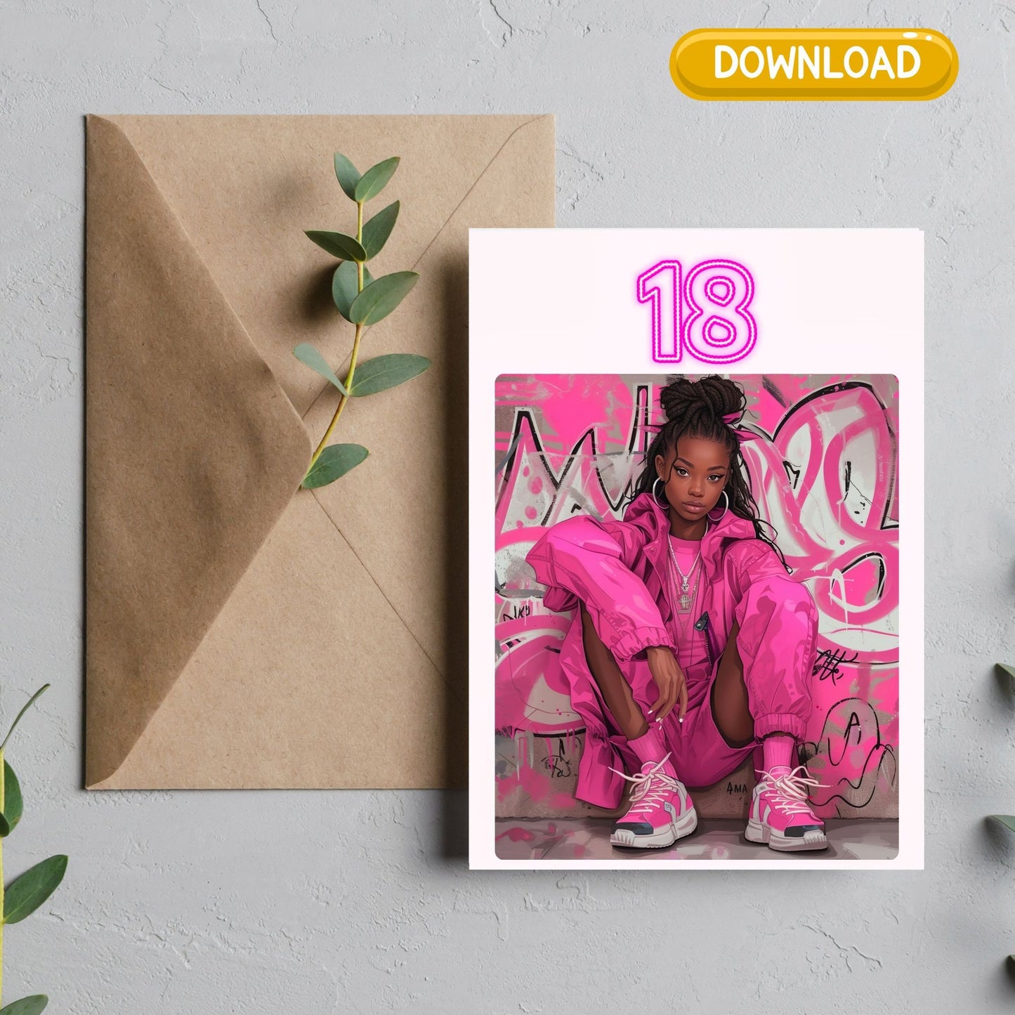 Digital Download Afro Black Art 18th Birthday Card - Unique and Celebratory Greeting - PDF File - 5x7 Printable - Greeting Cards