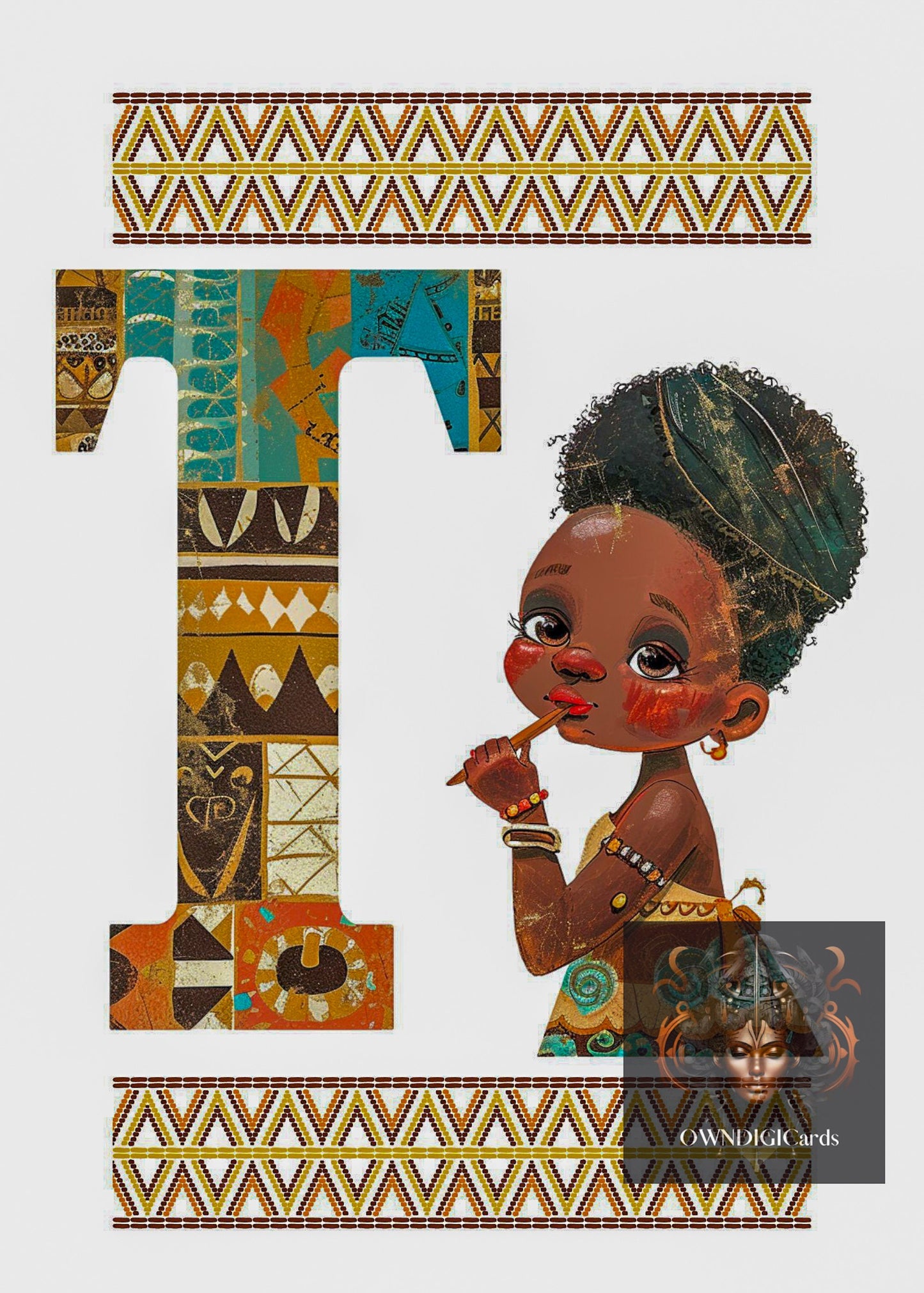 Unique Afrocentric Digital Download Initials Greeting Card Letter"T" – Personalised Ethnic Design - Initials Card - Birthday gift