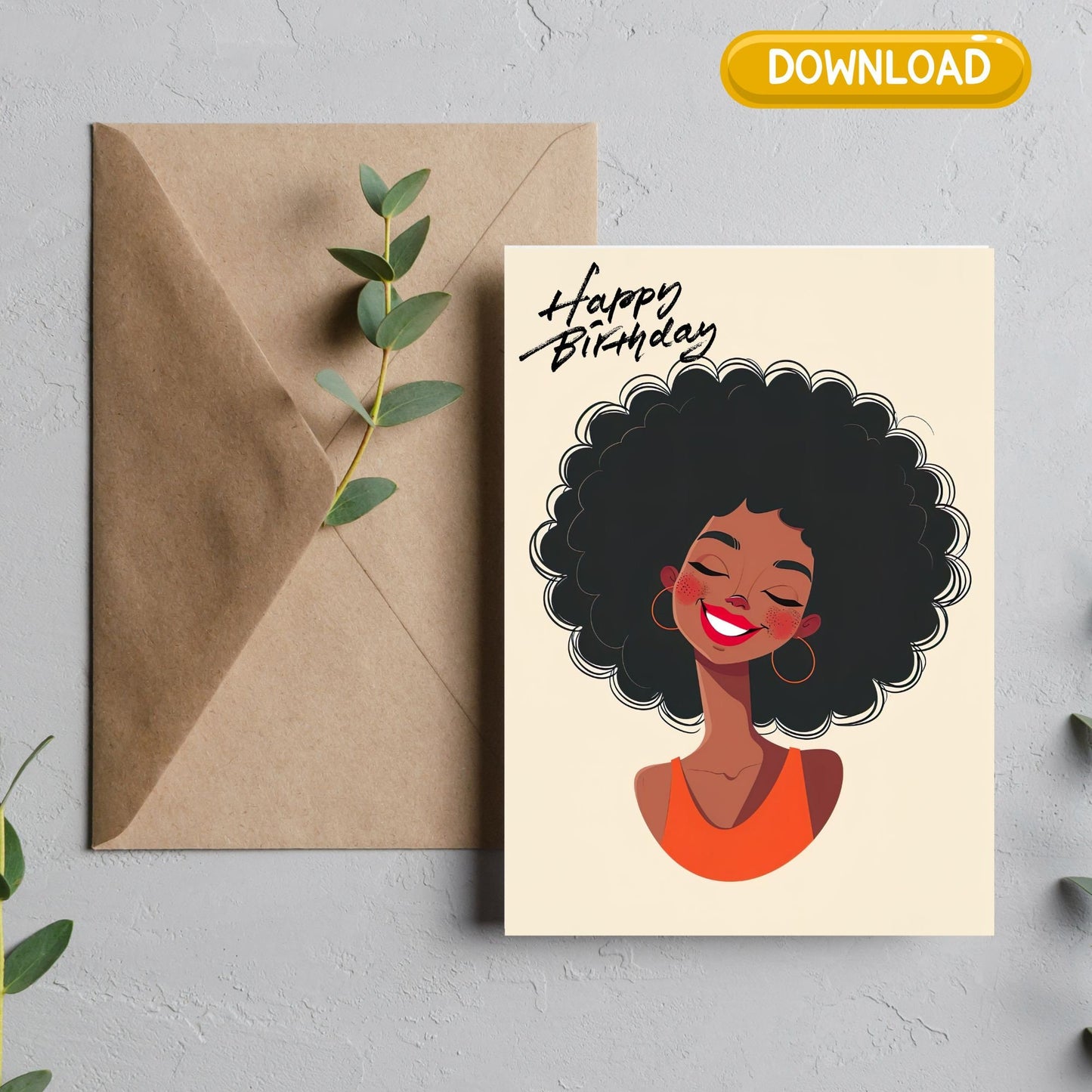 Digitale download Afro Black girl verjaardagskaart 012 - unieke en feestelijke groet - opvouwbaar - PDF-bestand - 5x7 afdrukbaar - cadeau