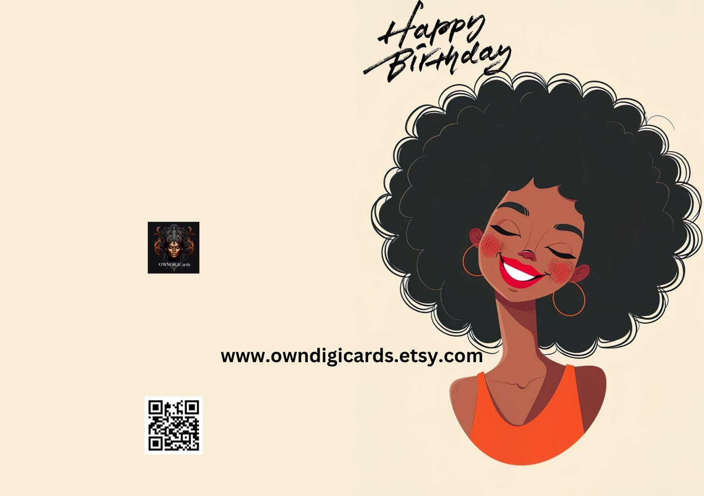 Digitale download Afro Black girl verjaardagskaart 012 - unieke en feestelijke groet - opvouwbaar - PDF-bestand - 5x7 afdrukbaar - cadeau