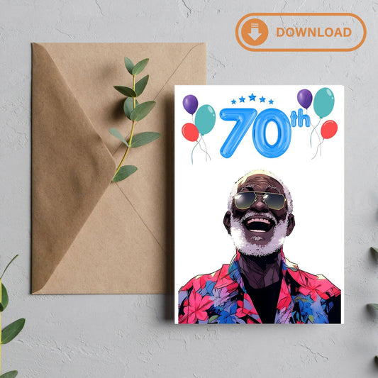 Digital Download Afro Black Art 70th  Birthday Card - Unique and Celebratory Greeting - PDF File -5x7 Printable - Greeting Cards