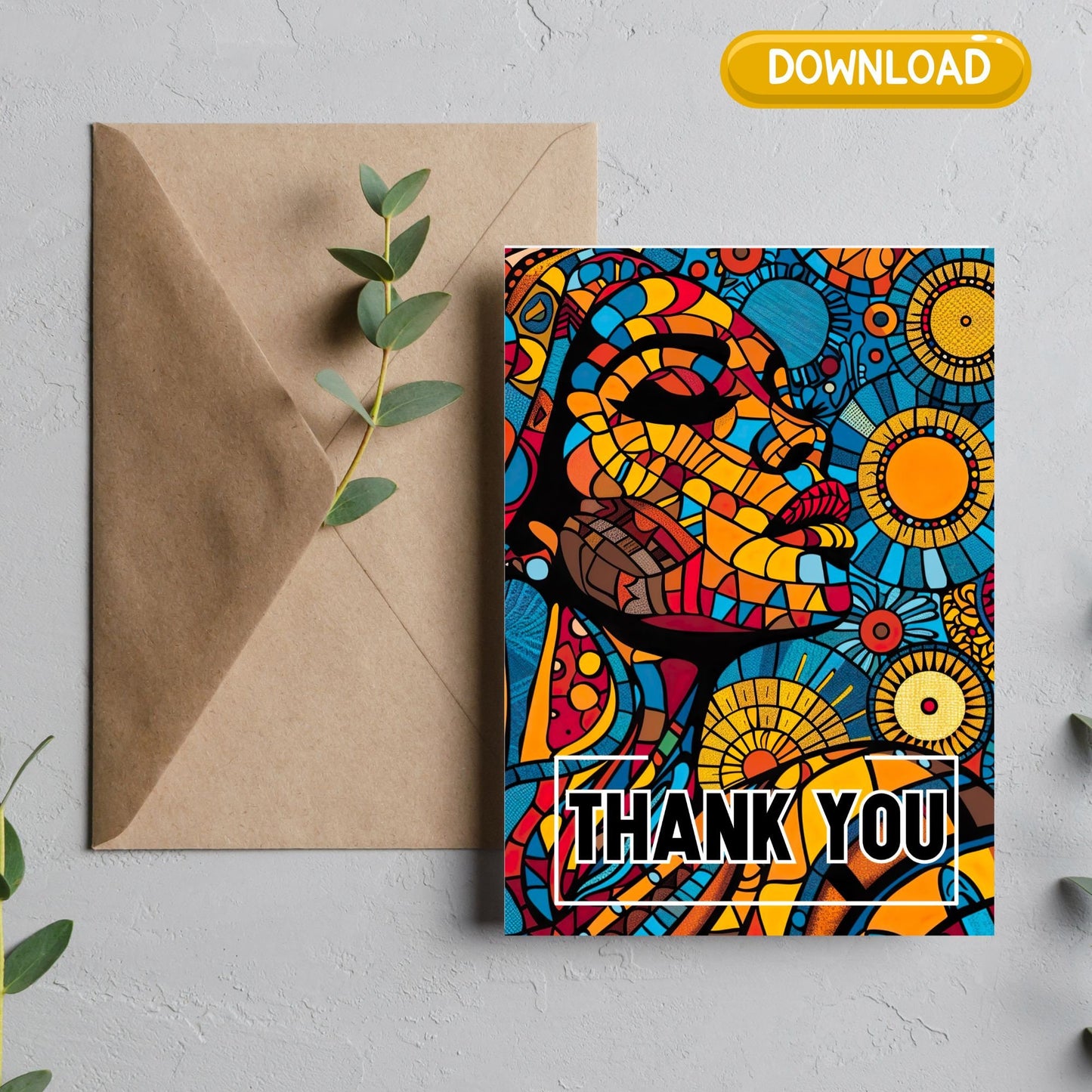 African Female Print Digital Download Thank You Card - Instant Printable Art -Ethnic Greeting Card Decor
