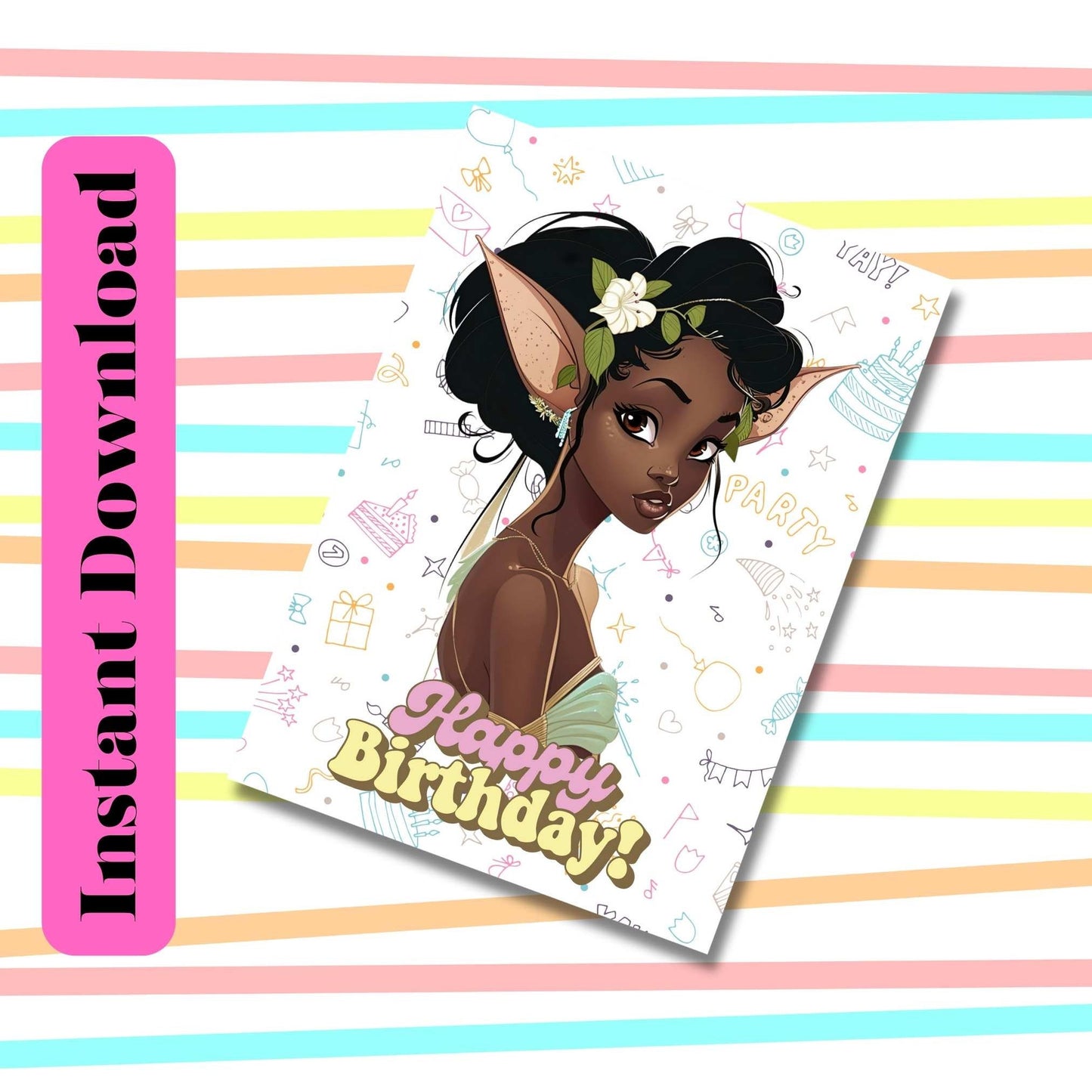 Digital Download Elf Art Birthday Card - Unique and Celebratory Greeting - PDF File -5x7 Printable - Greeting Cards