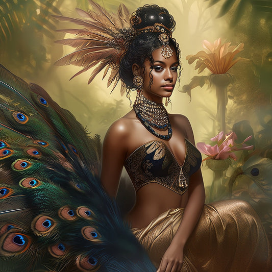 Fantasy Style Digital Art Download of Beautiful Black Woman with Peacock Feathers - Owndigiart