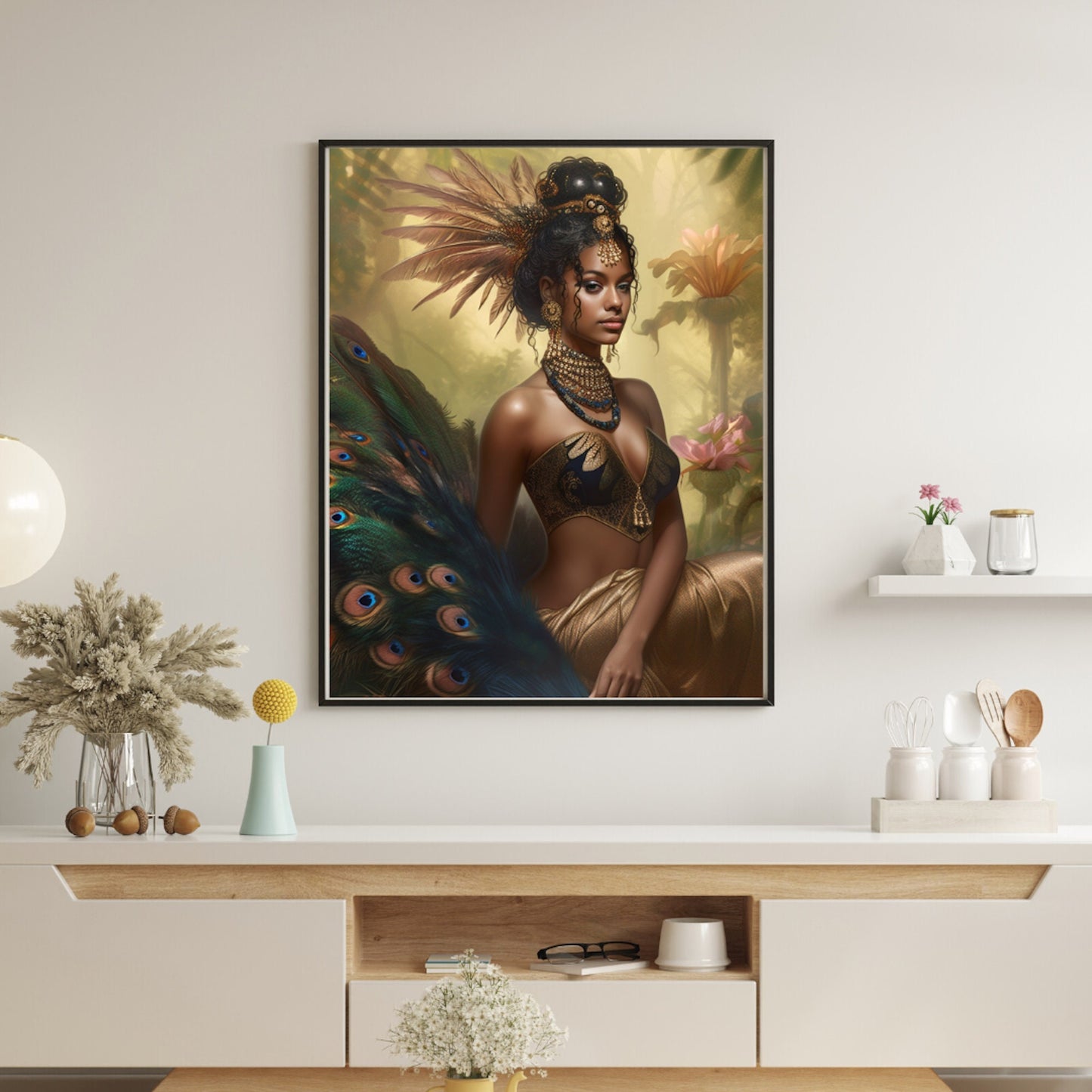 Fantasy Style Digital Art Download of Beautiful Black Woman with Peacock Feathers - Owndigiart