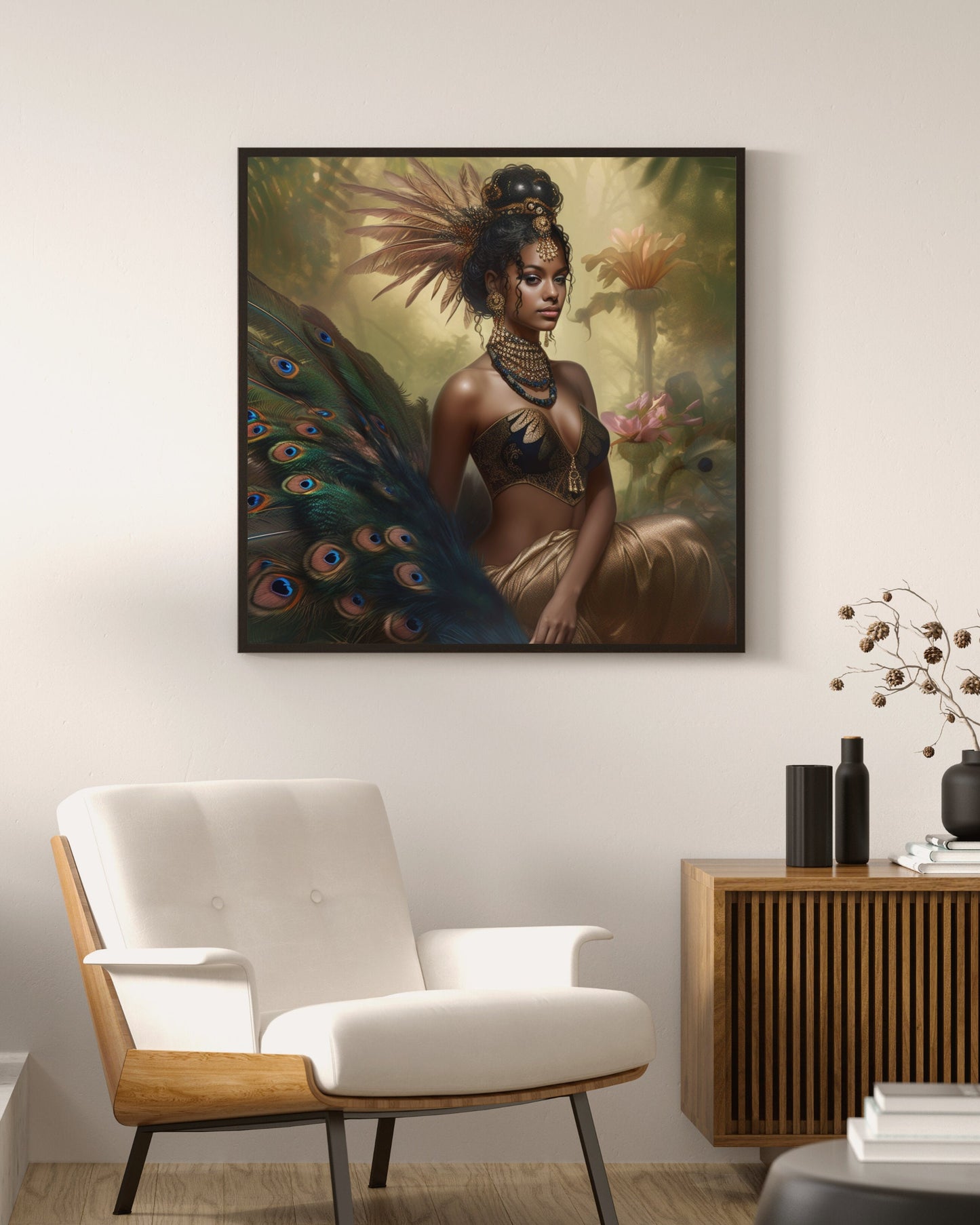 Fantasy Style Digital Art Download of Beautiful Black Woman with Peacock Feathers - Owndigiart