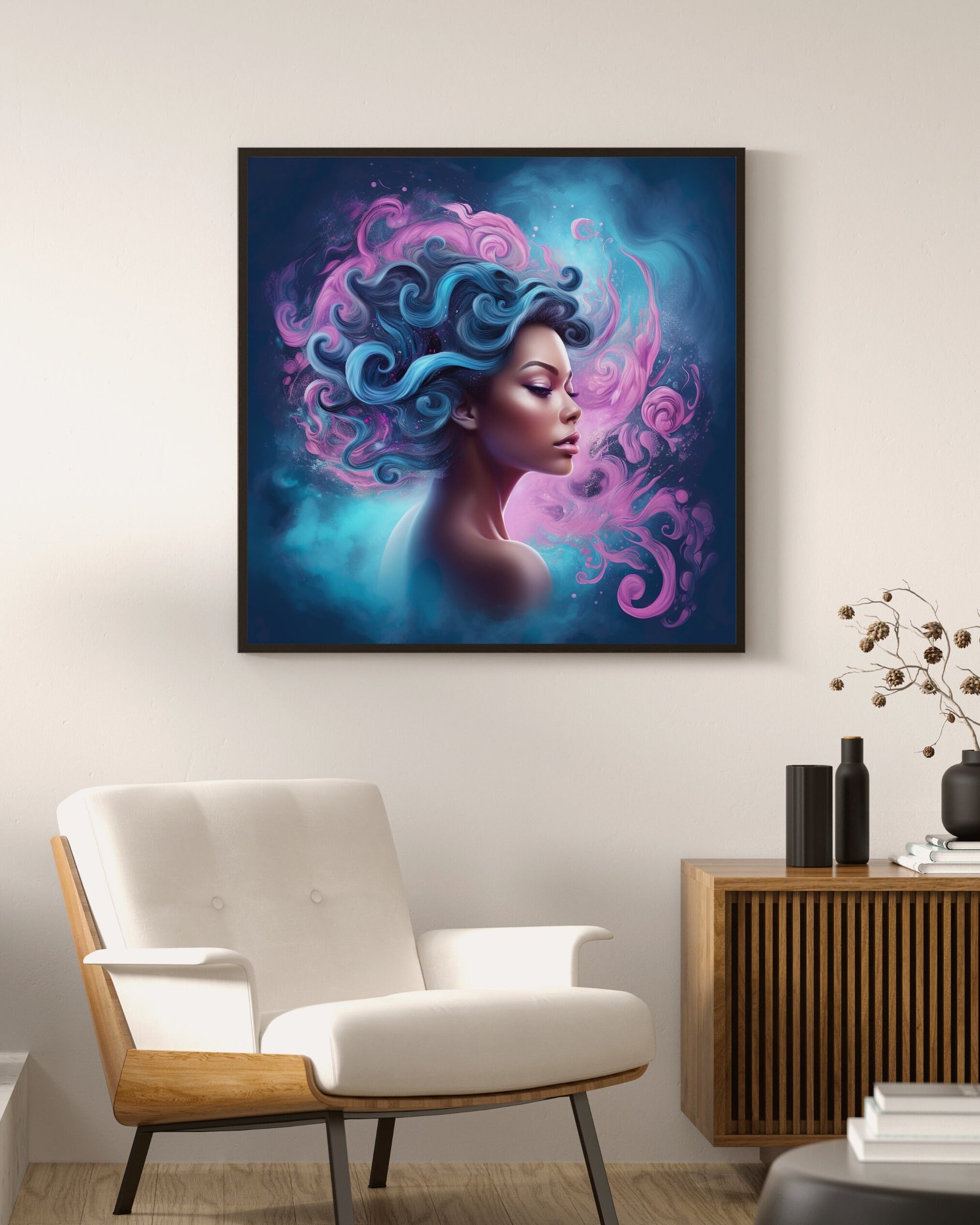 Digital Download Portrait of a Woman with Pastel Pink and Blue Swirls | Beautiful Art Print - Ai Art - Black Art - Wall Art - Owndigiart