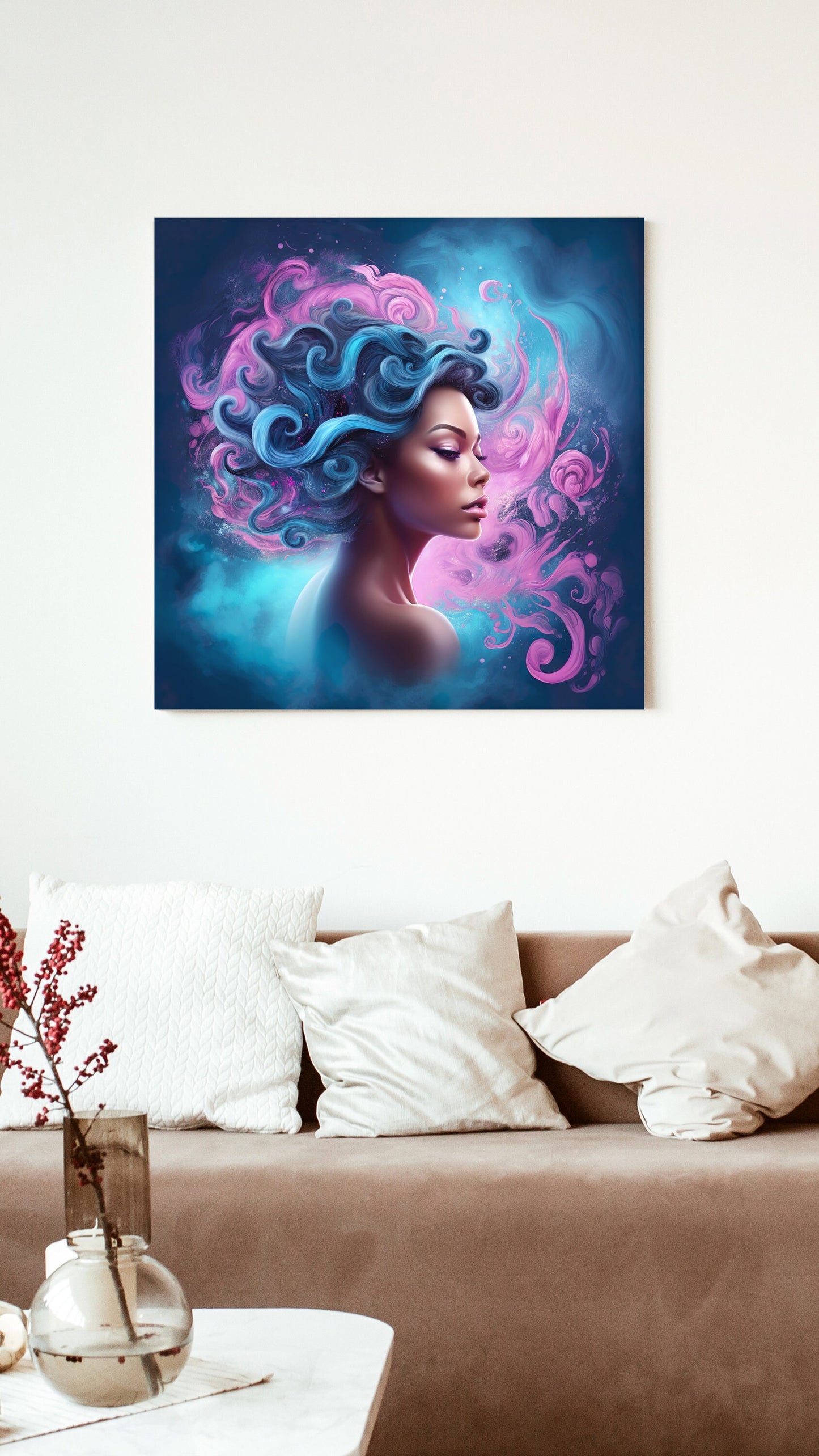 Digital Download Portrait of a Woman with Pastel Pink and Blue Swirls | Beautiful Art Print - Ai Art - Black Art - Wall Art - Owndigiart