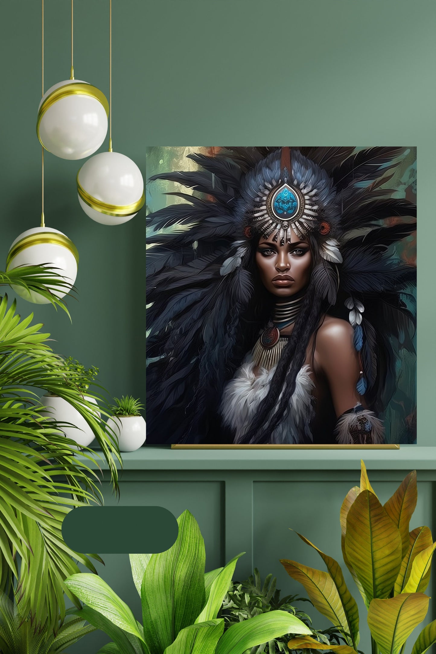 Digital Download: Beautiful Women with Feather Headdress 02 - Instant Printable Art. - Black Art - Ai Art - Wall Art - Owndigiart