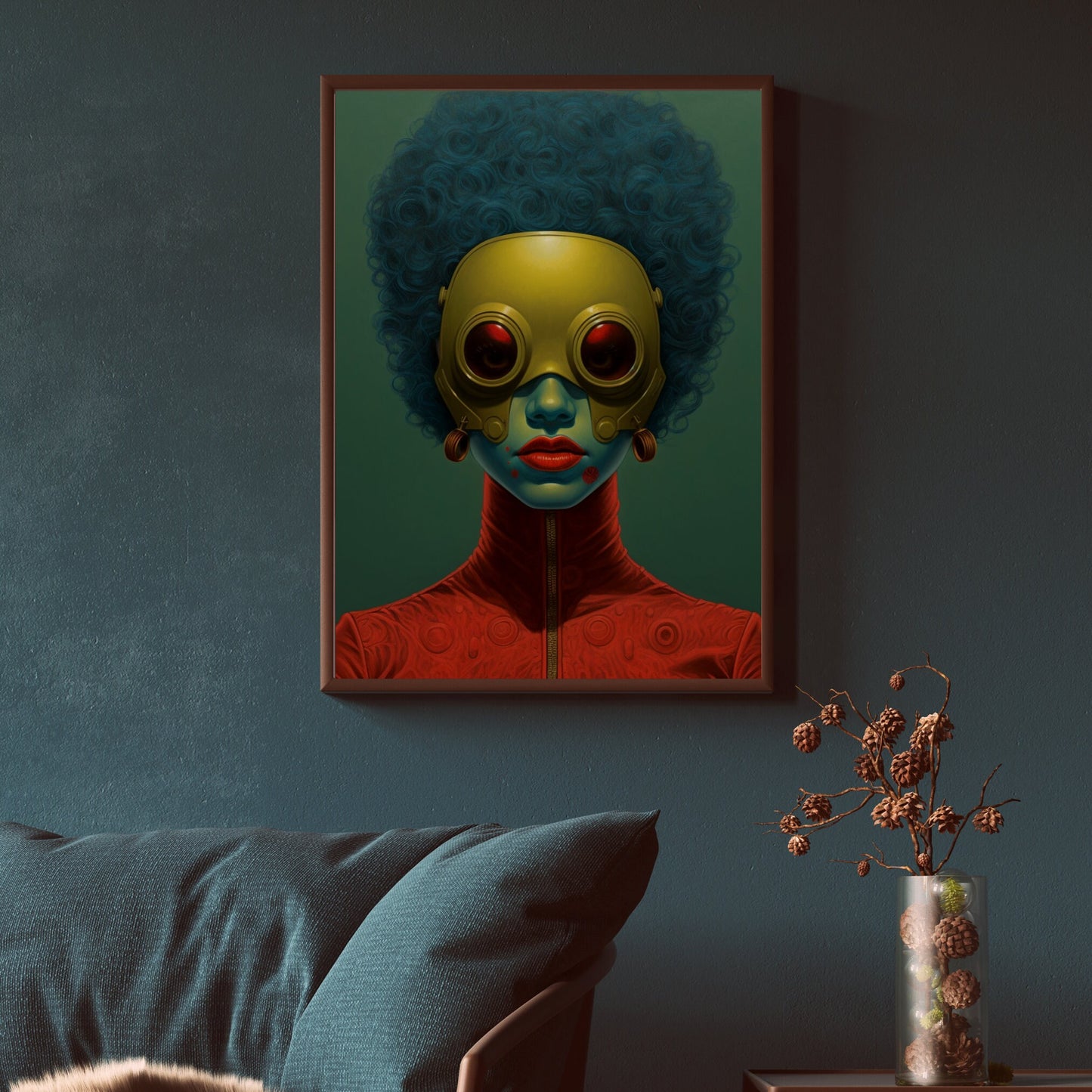 Digital Download Art: Fantasy Futuristic Woman with Blue Hair, Gold Goggle Mask - Instant Download - Comic Art - Wall art - cyberpunk - Owndigiart