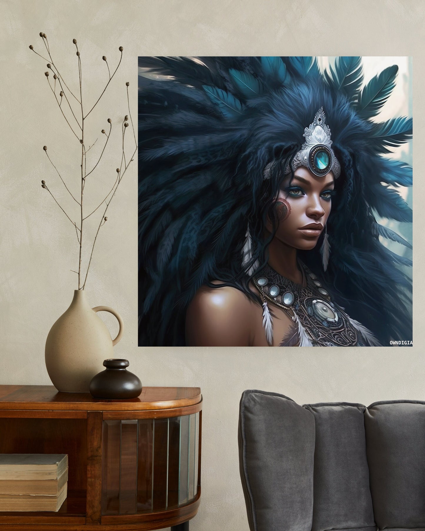 Beautiful Women with Feather Headdress 01 - Instant Printable Art - Owndigiart