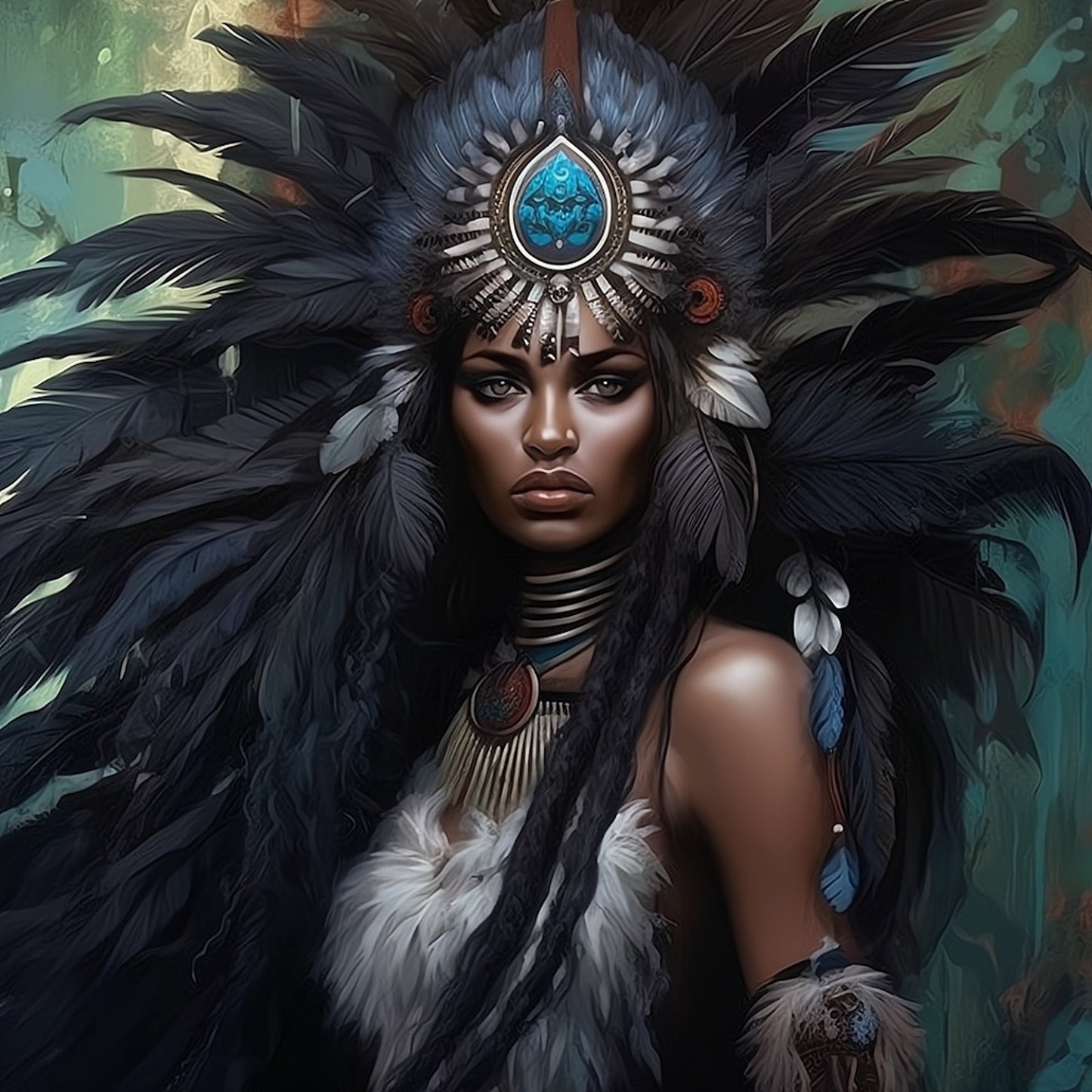 Digital Download: Beautiful Women with Feather Headdress 02 - Instant Printable Art. - Black Art - Ai Art - Wall Art - Owndigiart