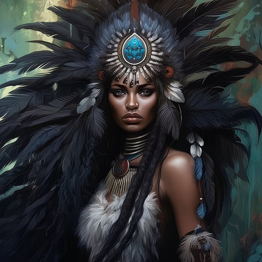 Digital Download: Beautiful Women with Feather Headdress 02 - Instant Printable Art. - Black Art - Ai Art - Wall Art - Owndigiart