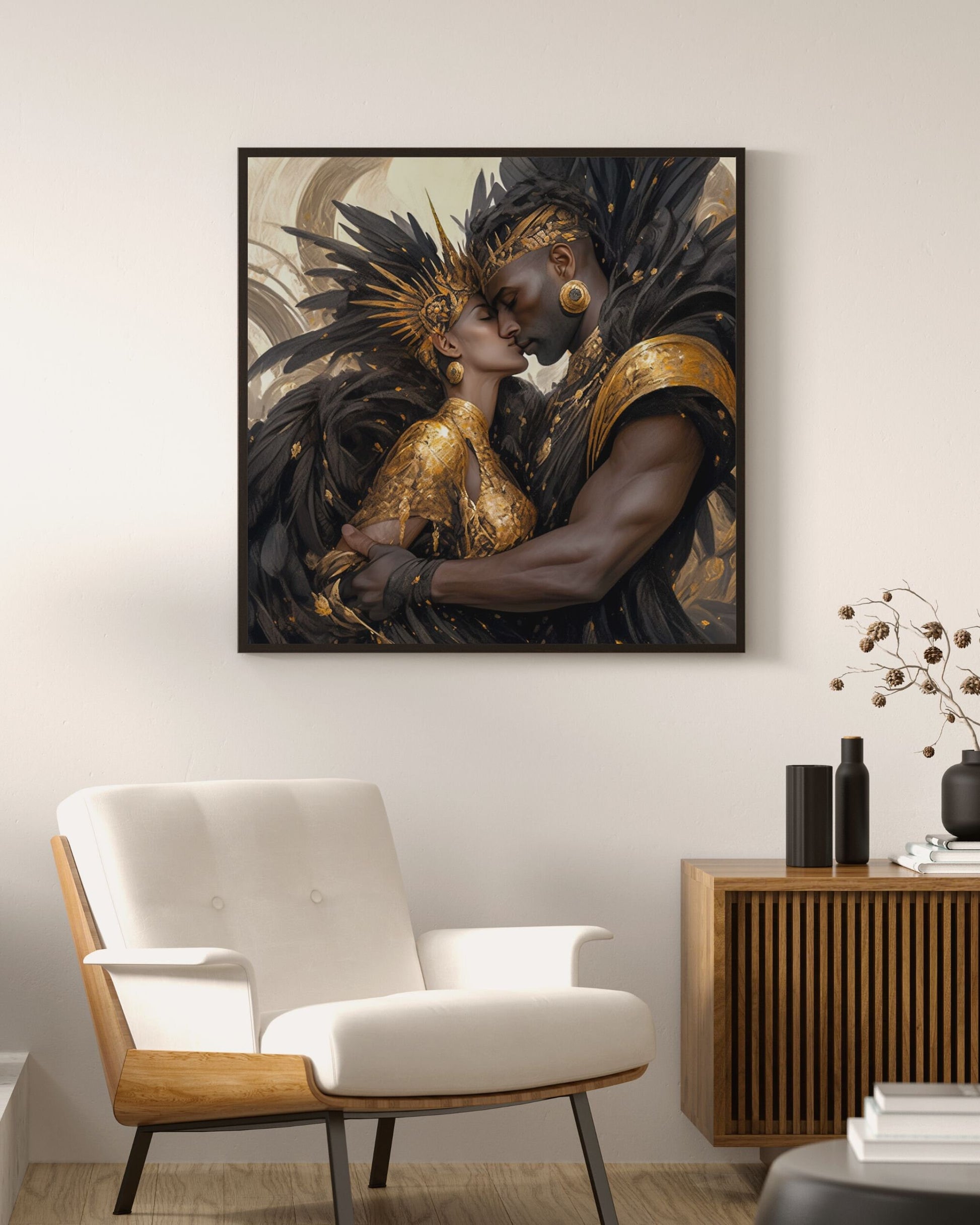 Mystical Fantasy Lovebirds in Gold & Black Feathers - Instant Download - Home Decor - Owndigiart