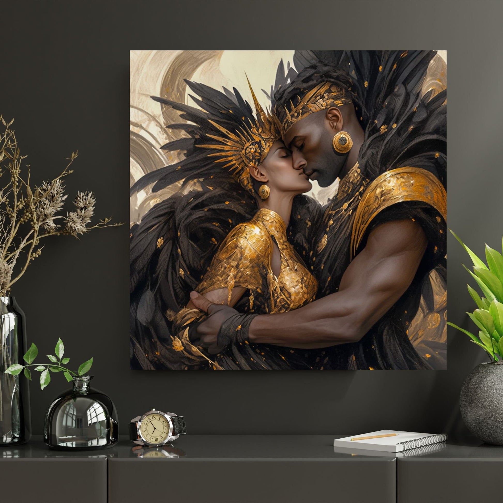 Mystical Fantasy Lovebirds in Gold & Black Feathers - Instant Download - Home Decor - Owndigiart