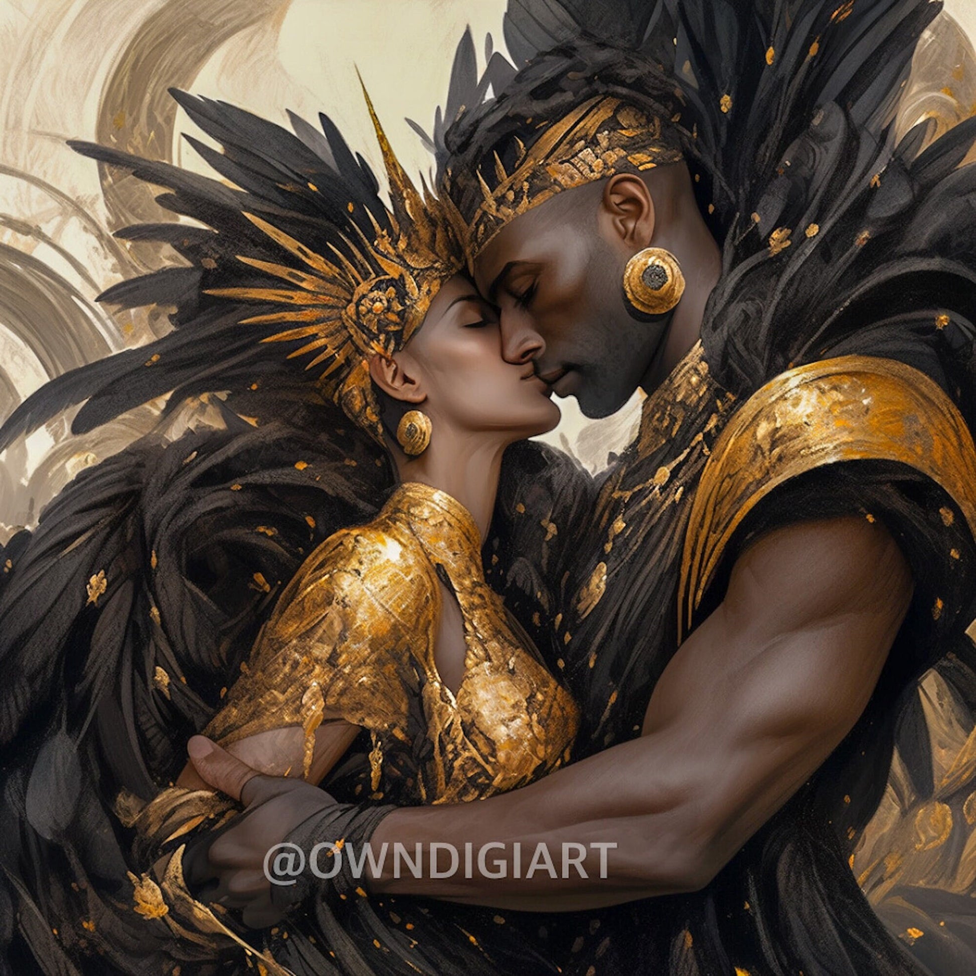 Mystical Fantasy Lovebirds in Gold & Black Feathers - Instant Download - Home Decor - Owndigiart