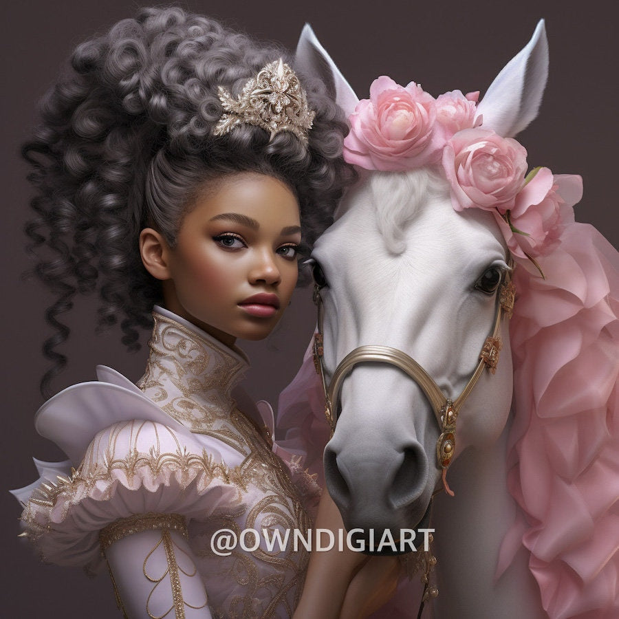 Divine Goddess with White and Pink Mane Horse  Wall Art - Instant download - Owndigiart