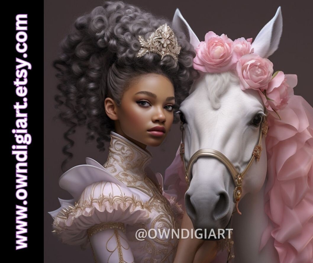 Divine Goddess with White and Pink Mane Horse  Wall Art - Instant download - Owndigiart