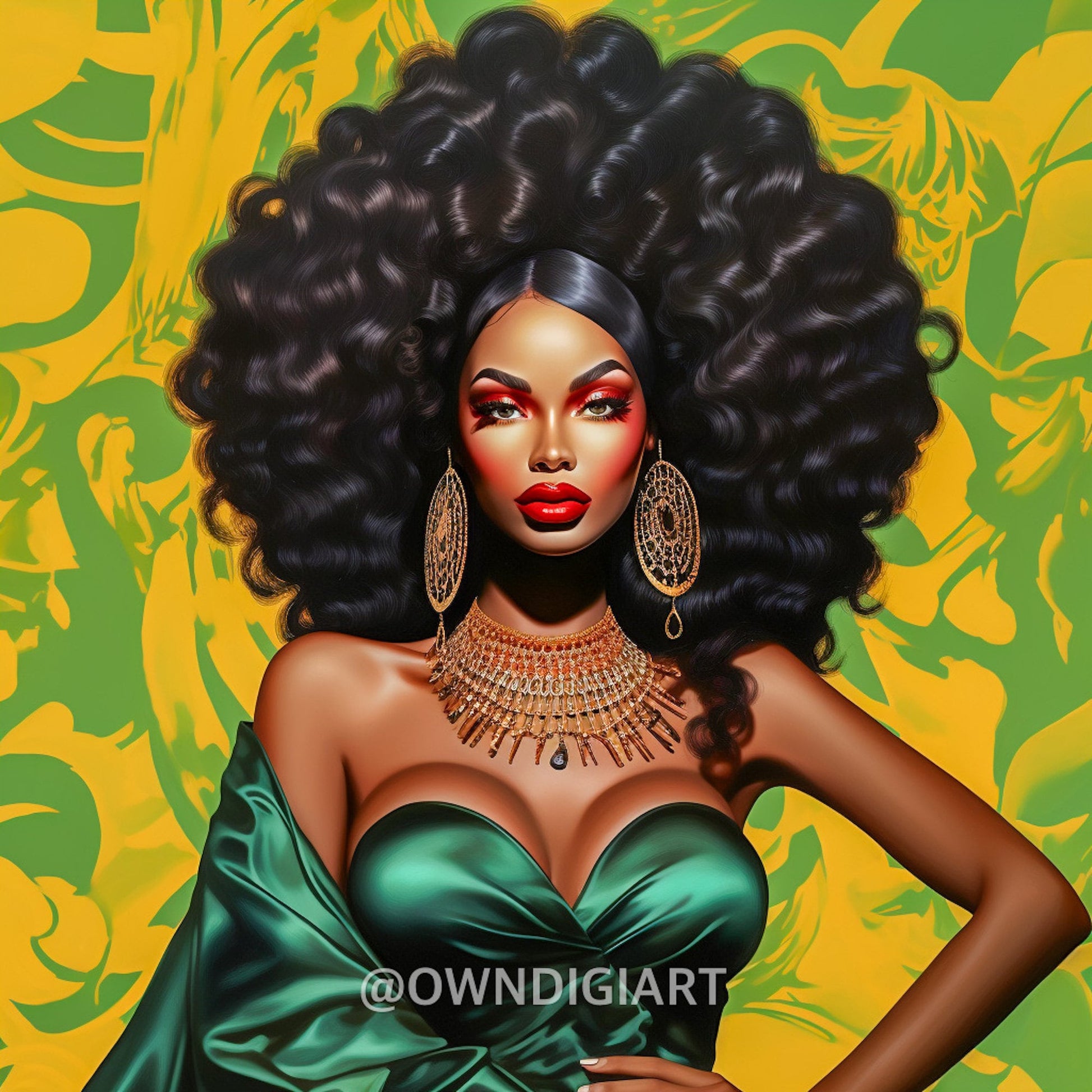 The Green Dress - Digital Download - Wall Art - Black Art - Ai Art - Gift Ideas - Afro Art - Owndigiart