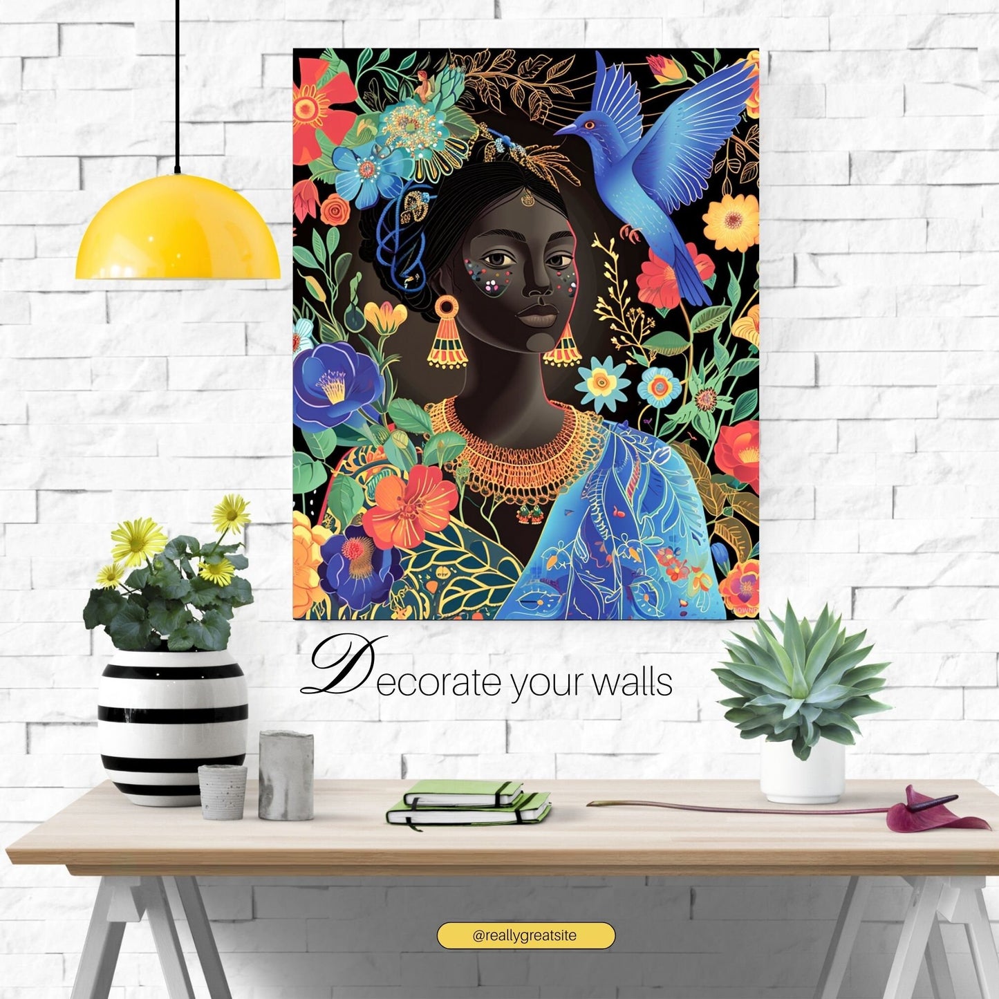 Dazzling  Illustration: Colorful Woman and Blue Bird in Nature - Digital Download - Ai Art - Wall Art - Black Art - - Owndigiart