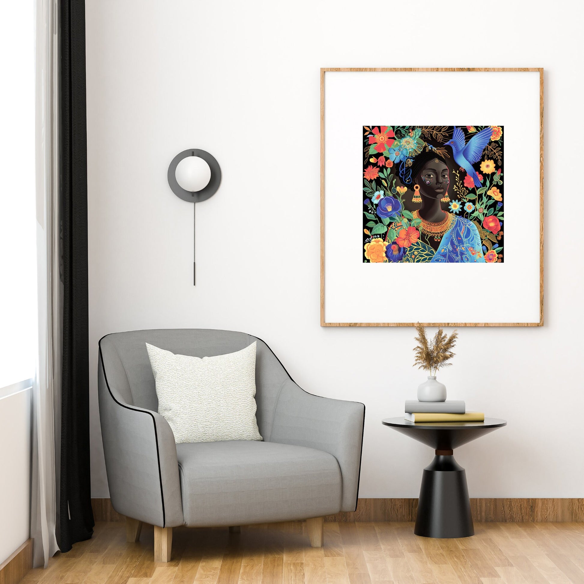 Dazzling  Illustration: Colorful Woman and Blue Bird in Nature - Digital Download - Ai Art - Wall Art - Black Art - - Owndigiart