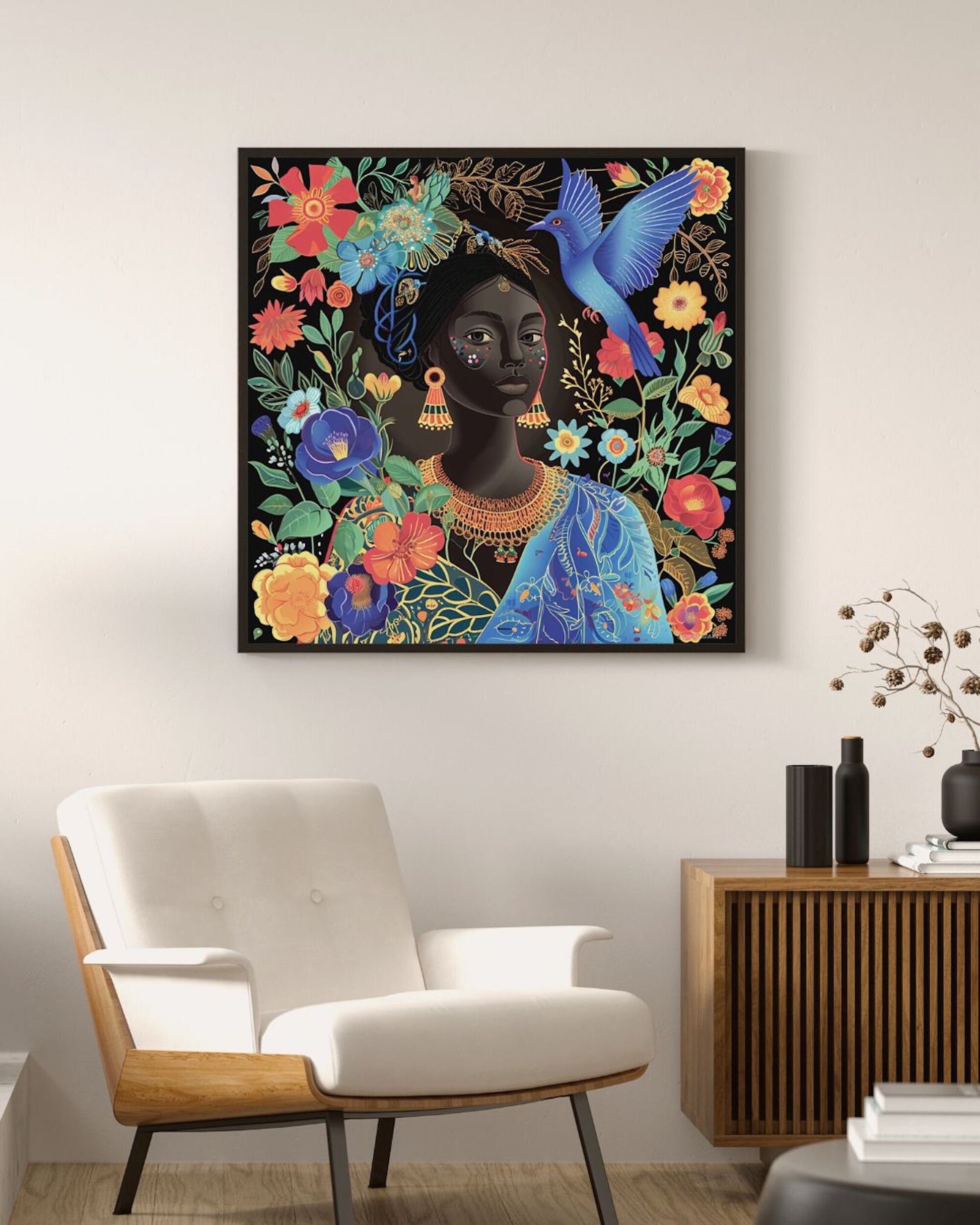 Dazzling  Illustration: Colorful Woman and Blue Bird in Nature - Digital Download - Ai Art - Wall Art - Black Art - - Owndigiart