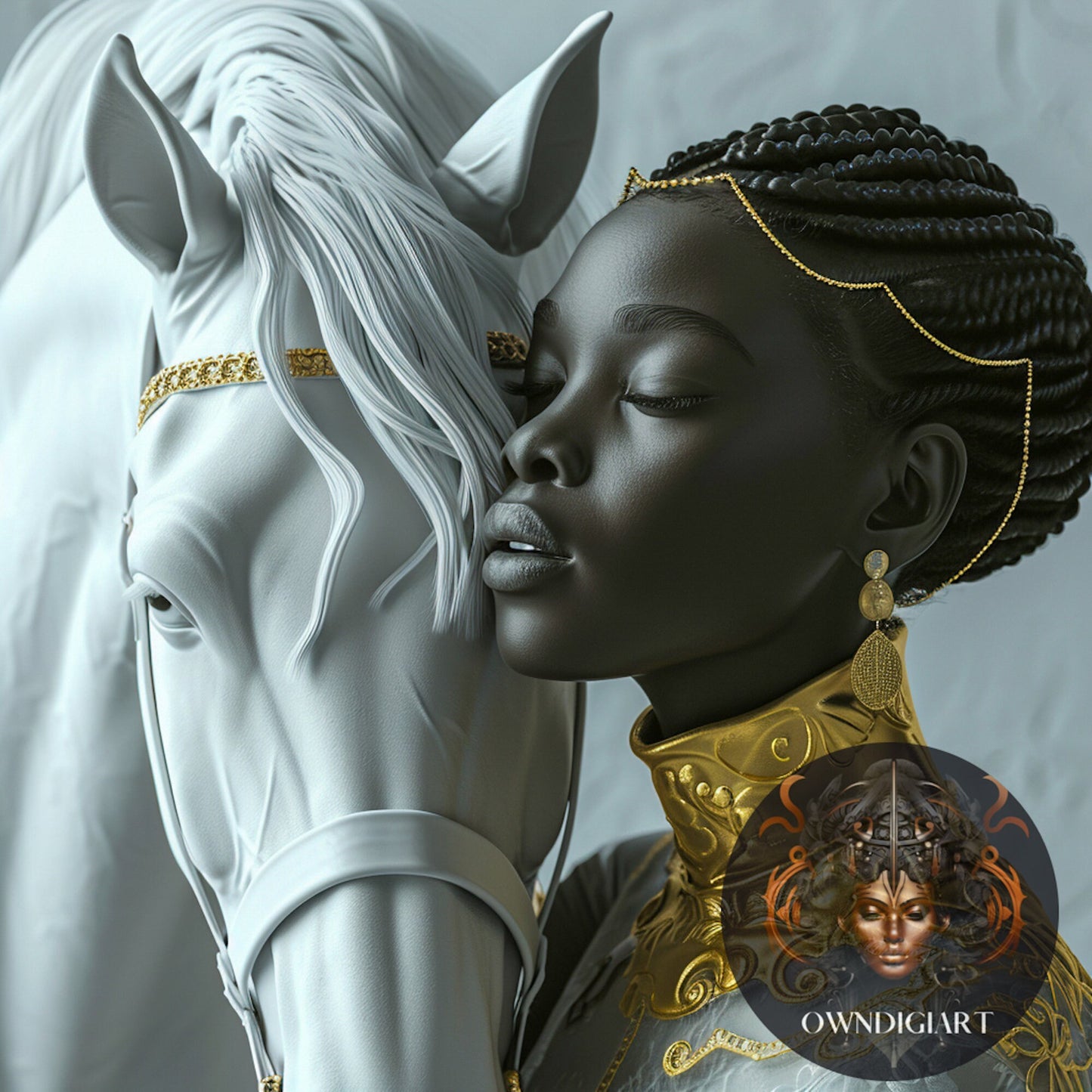 Digital Download Fantasy Art: Woman Embracing White Horse in Gold - Owndigiart