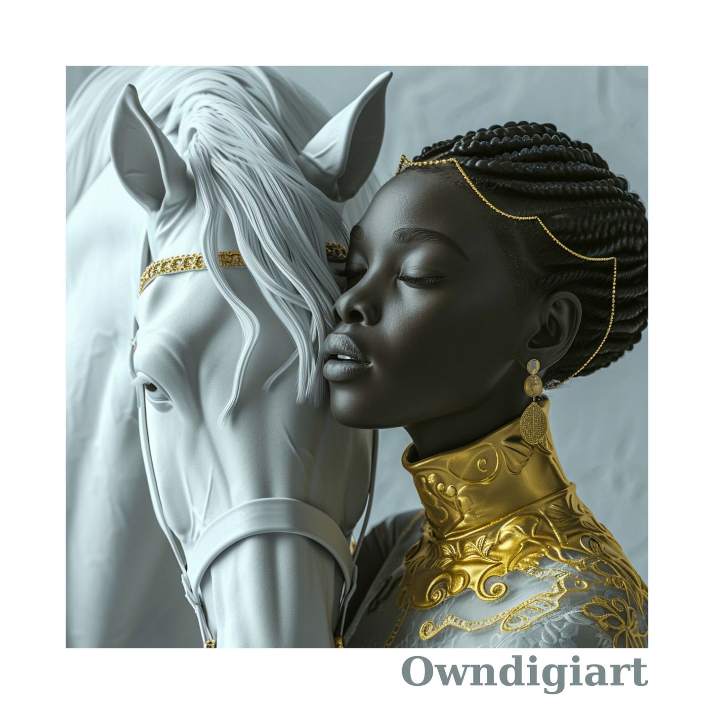 Digital Download Fantasy Art: Woman Embracing White Horse in Gold - Owndigiart