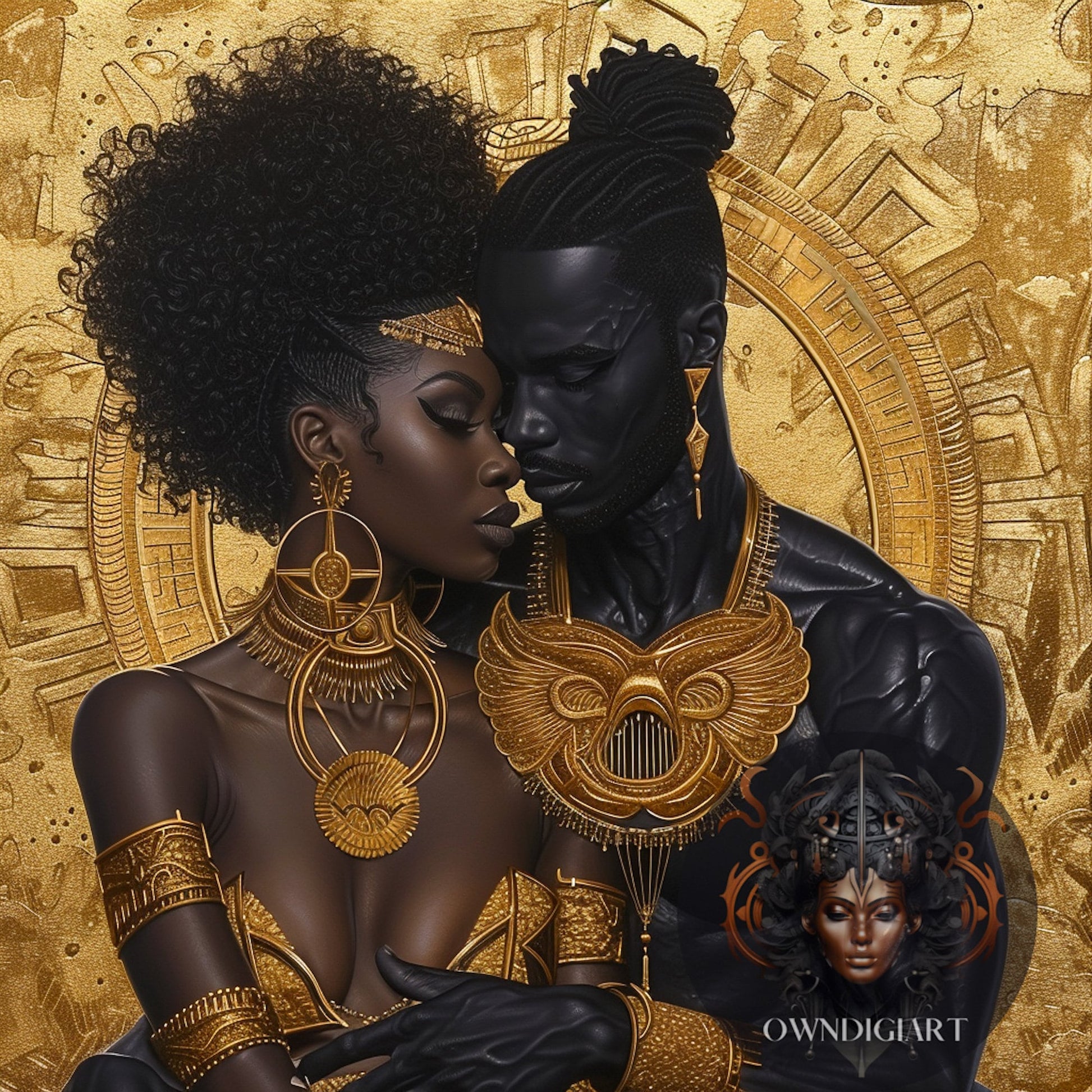 Digital Download - Romantic Regal Couple Embracing in Ancient Gold and Black - Instant access print - Unique design - Romantic  decor - Owndigiart