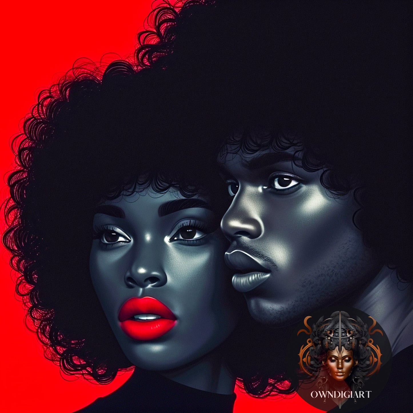 Embrace Timeless Love - Retro Afrofuturistic Couple in Red and Black- Digital Download - Printable Art - Owndigiart