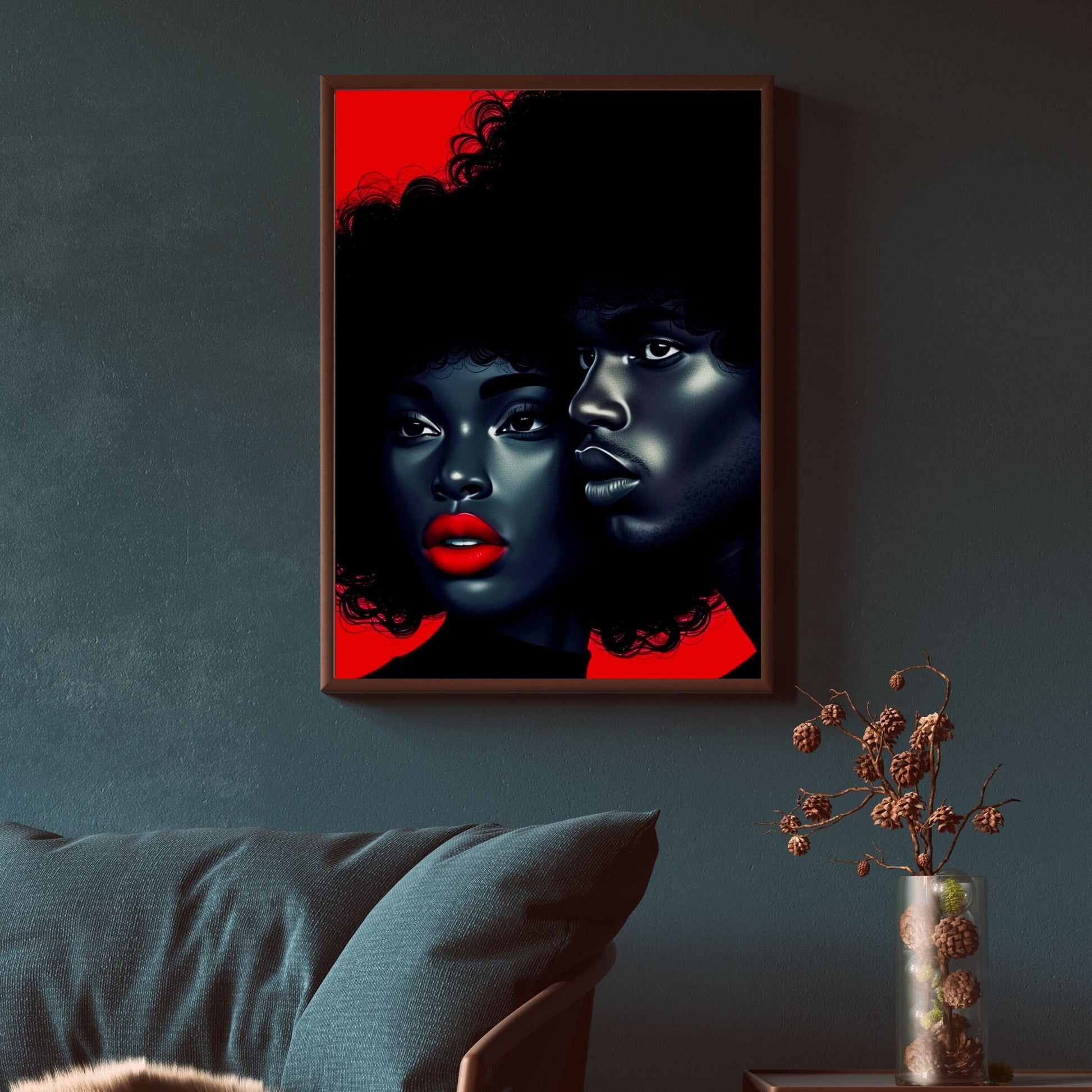 Embrace Timeless Love - Retro Afrofuturistic Couple in Red and Black- Digital Download - Printable Art - Owndigiart