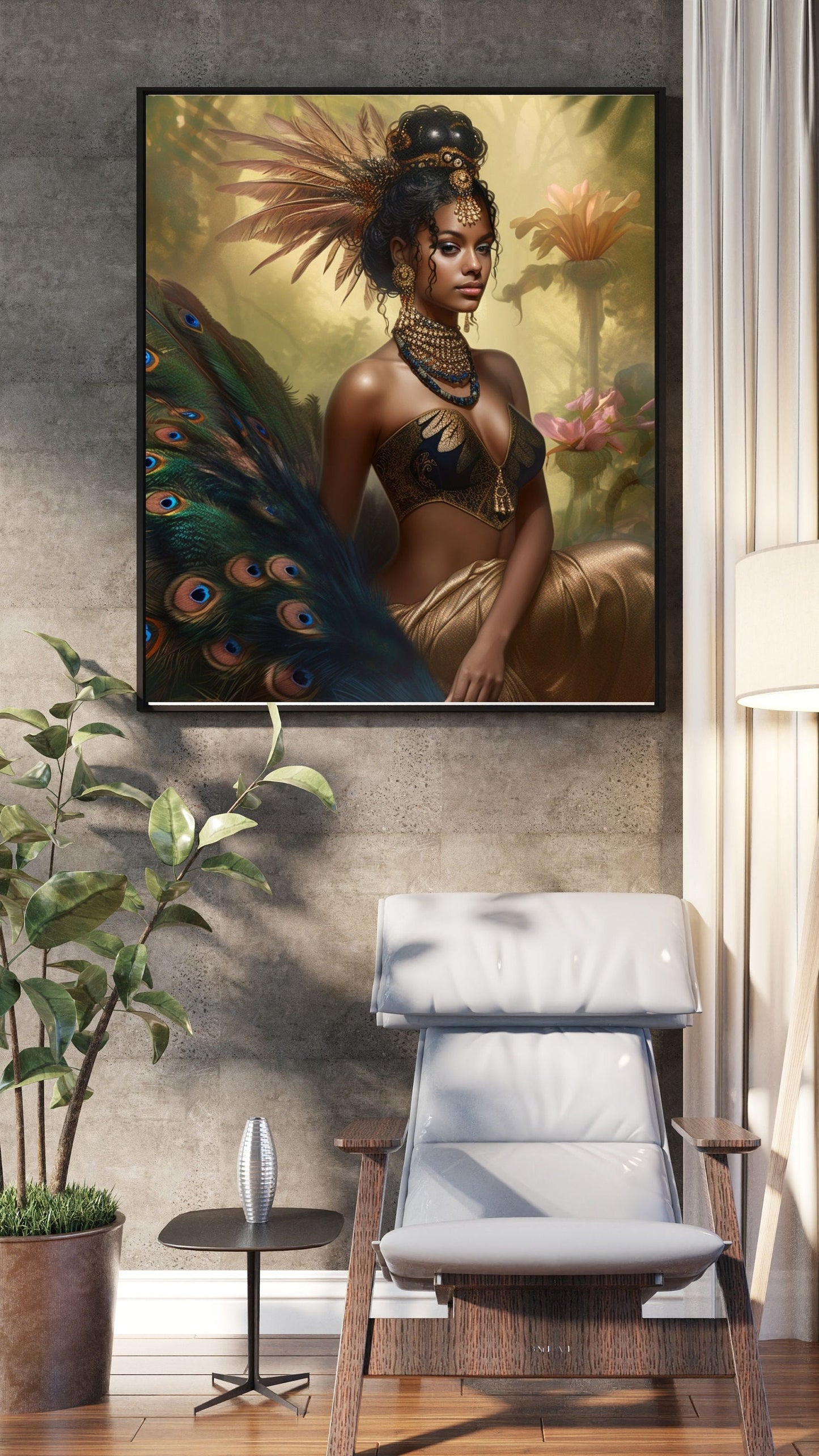 Fantasy Style Digital Art Download of Beautiful Black Woman with Peacock Feathers - Owndigiart