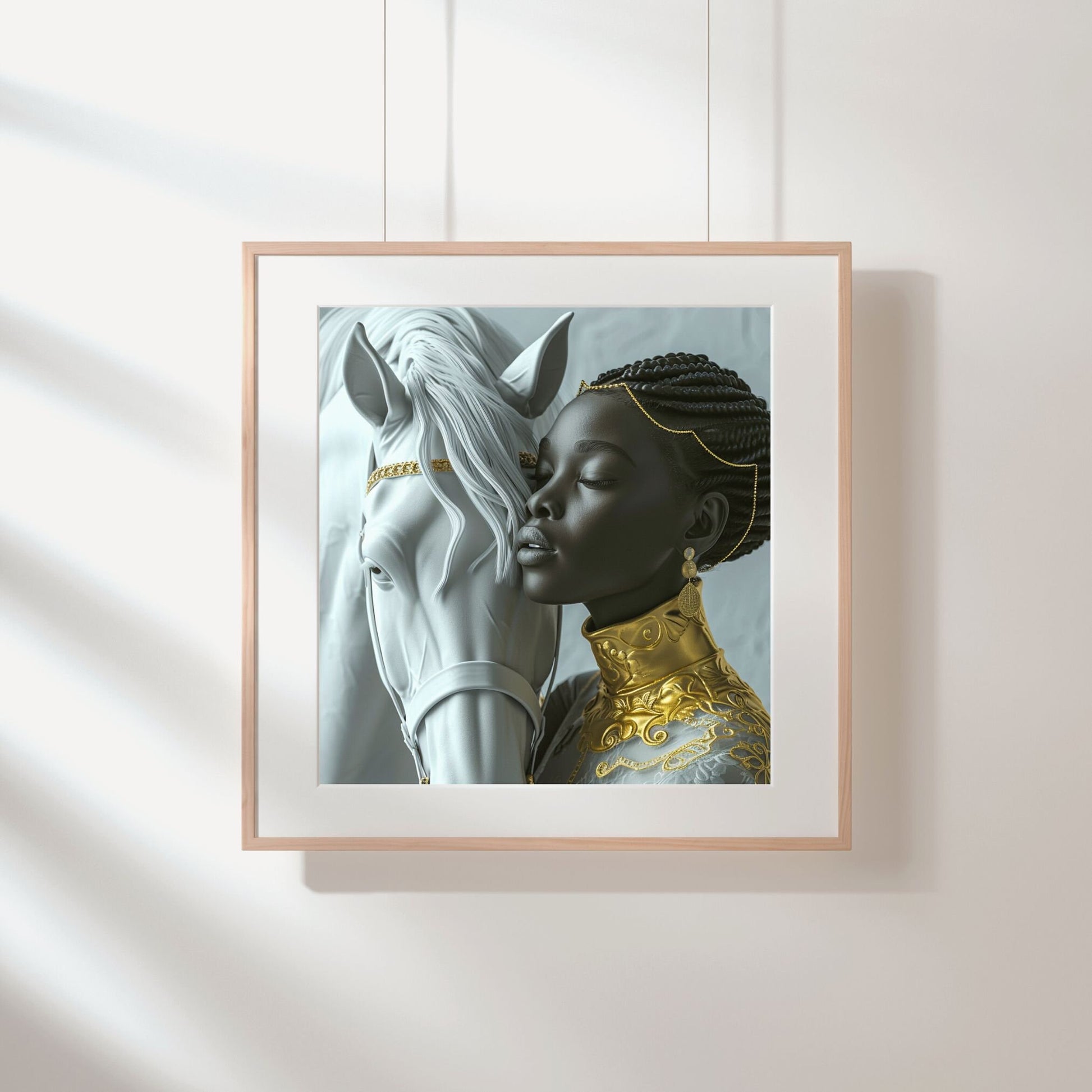 Digital Download Fantasy Art: Woman Embracing White Horse in Gold - Owndigiart