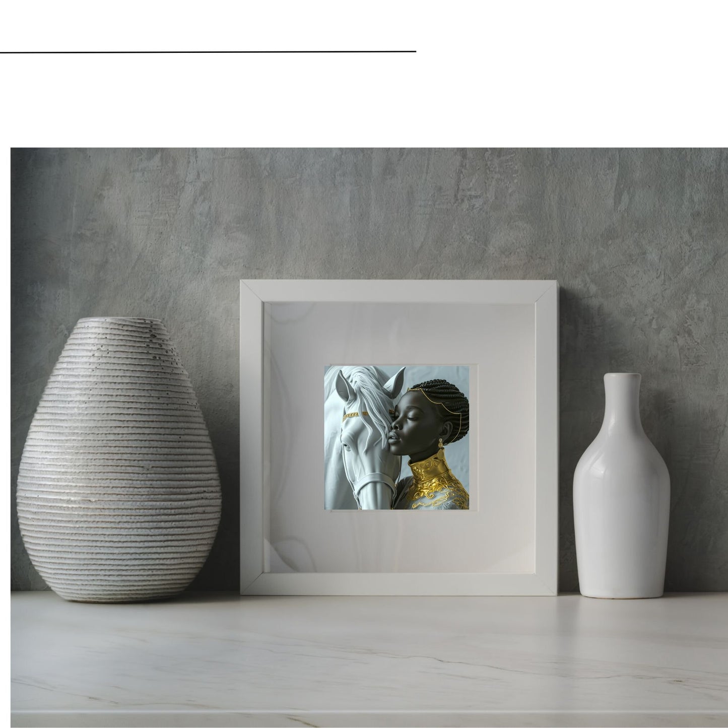 Digital Download Fantasy Art: Woman Embracing White Horse in Gold - Owndigiart