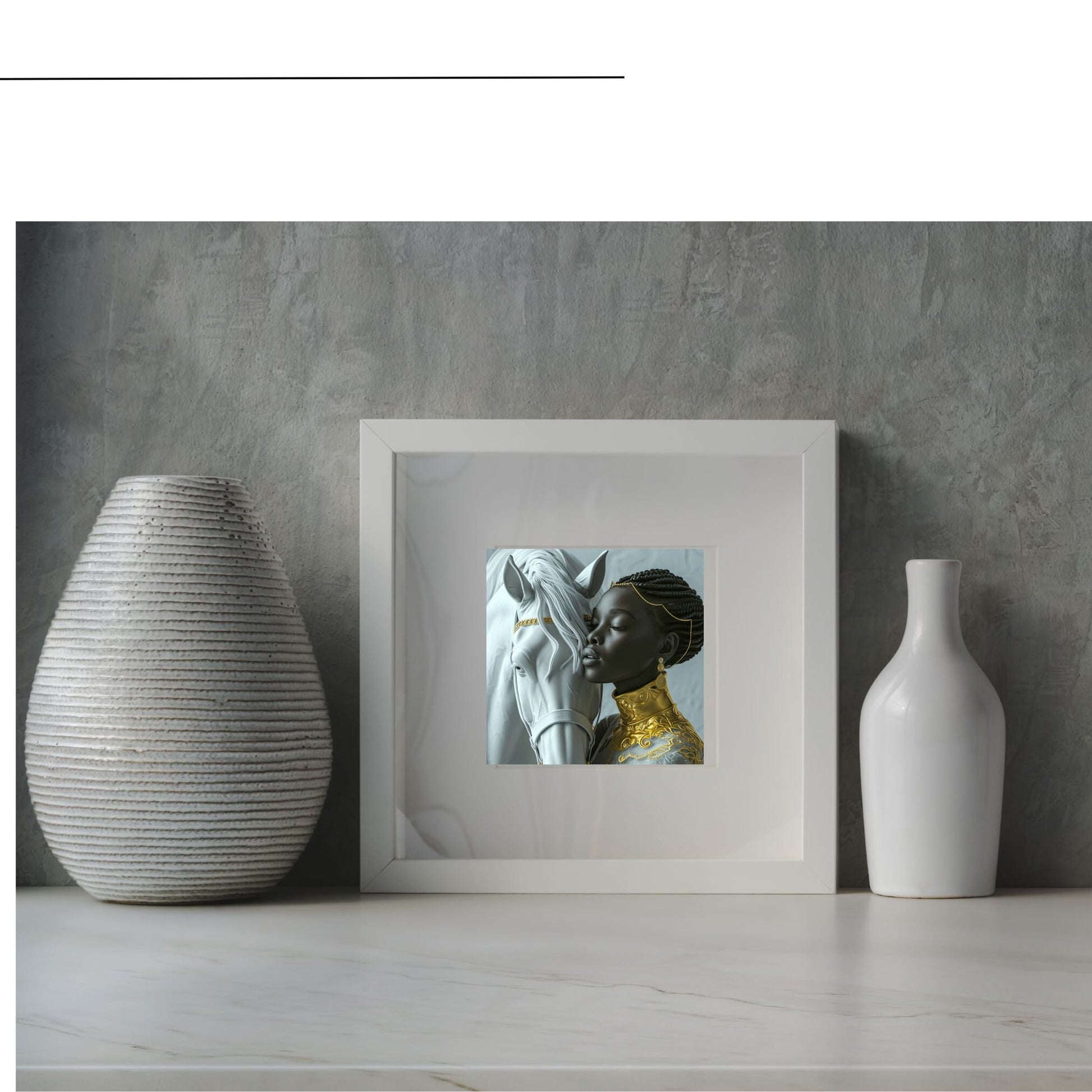 Digital Download Fantasy Art: Woman Embracing White Horse in Gold - Owndigiart