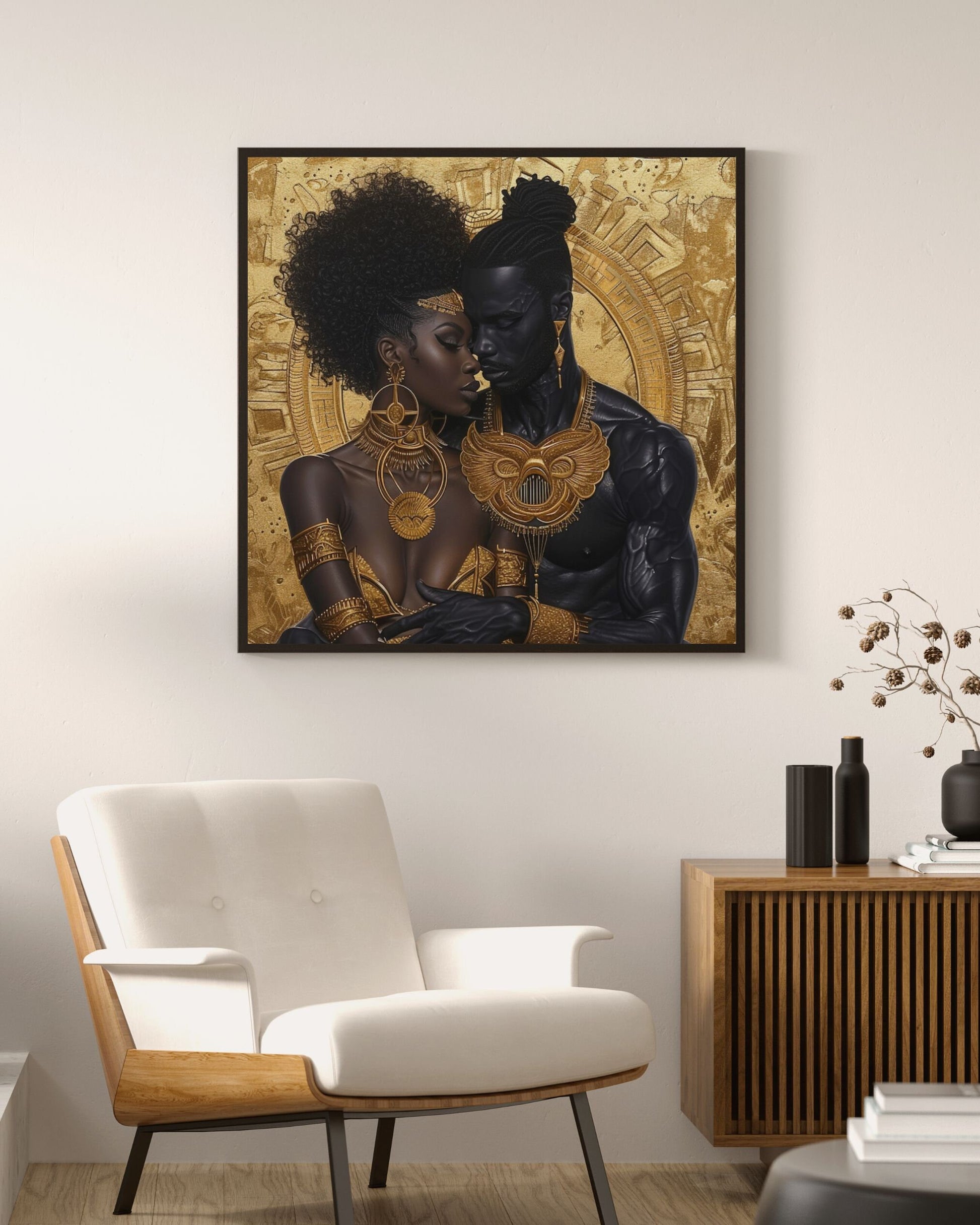 Digital Download - Romantic Regal Couple Embracing in Ancient Gold and Black - Instant access print - Unique design - Romantic  decor - Owndigiart